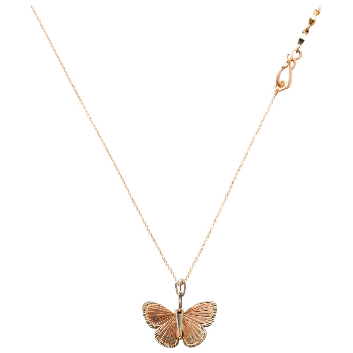14 Karat Rose Gold 18 Karat White Gold Palos Verde Butterfly Necklace For Sale