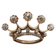 14 Karat Rose Gold 2.00 Carat Old European Cut Natural Diamond Crown Brooch Pin