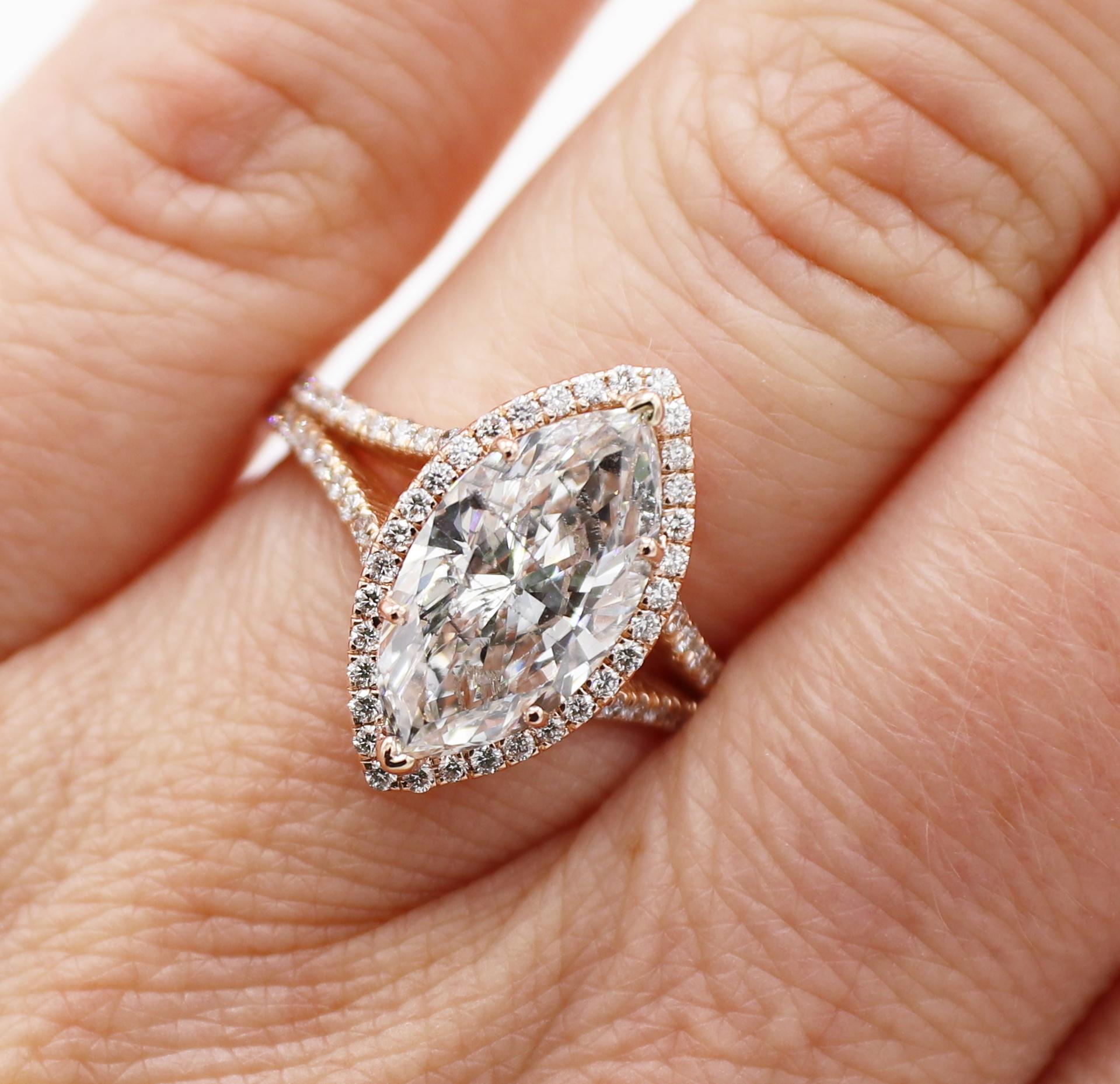 Women's 14 Karat Rose Gold 3.02 Carat Marquise Diamond Halo Engagement Ring