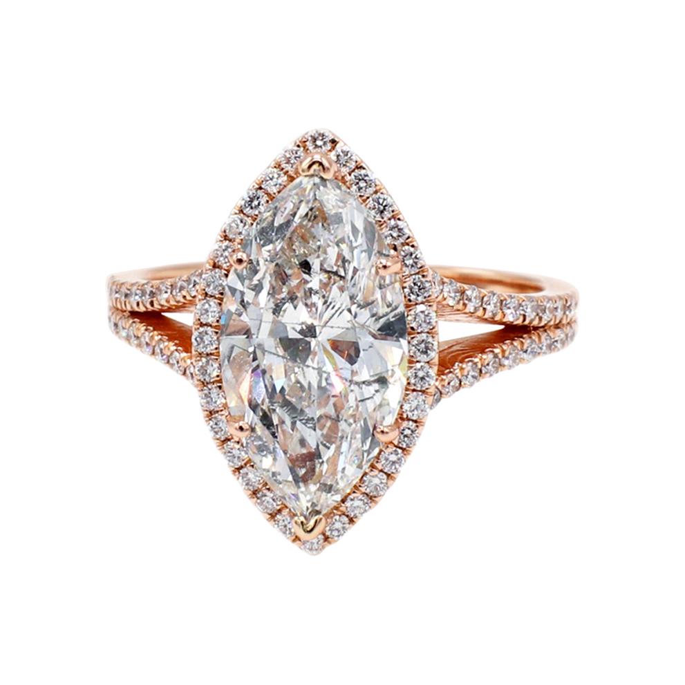 14 Karat Rose Gold 3.02 Carat Marquise Diamond Halo Engagement Ring