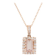 14 Karat Rose Gold 3.28 Carat Emerald Shape Morganite Diamond Pendant Necklace