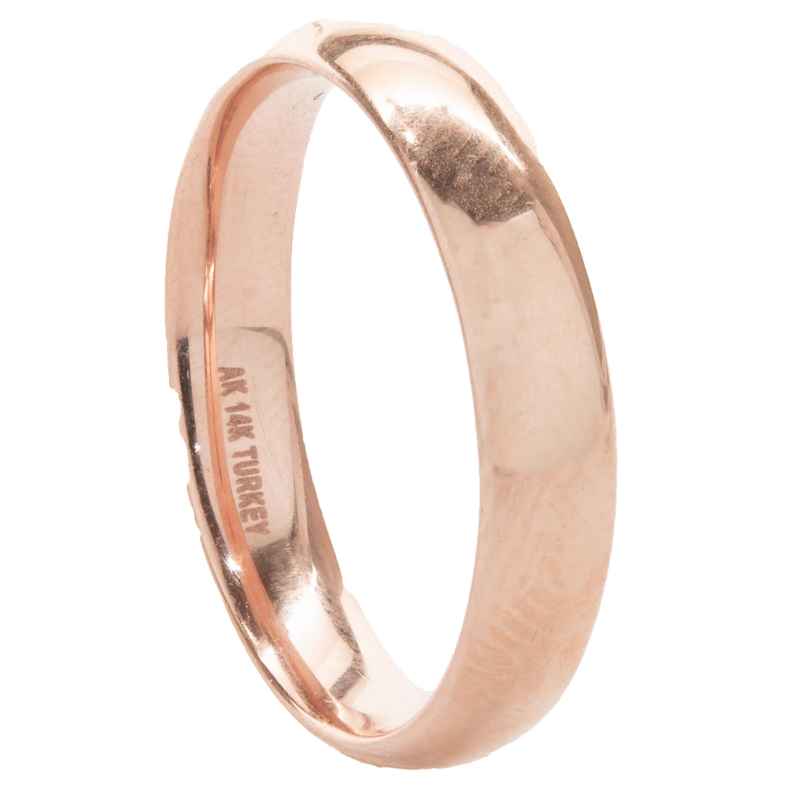 Designer: custom
Material: 14K rose gold
Dimensions: the ring measures 4mm wide
Weight:  1.37 grams
Ring Size: 8 (Please allow up to 2 additional business days for sizing requests) 