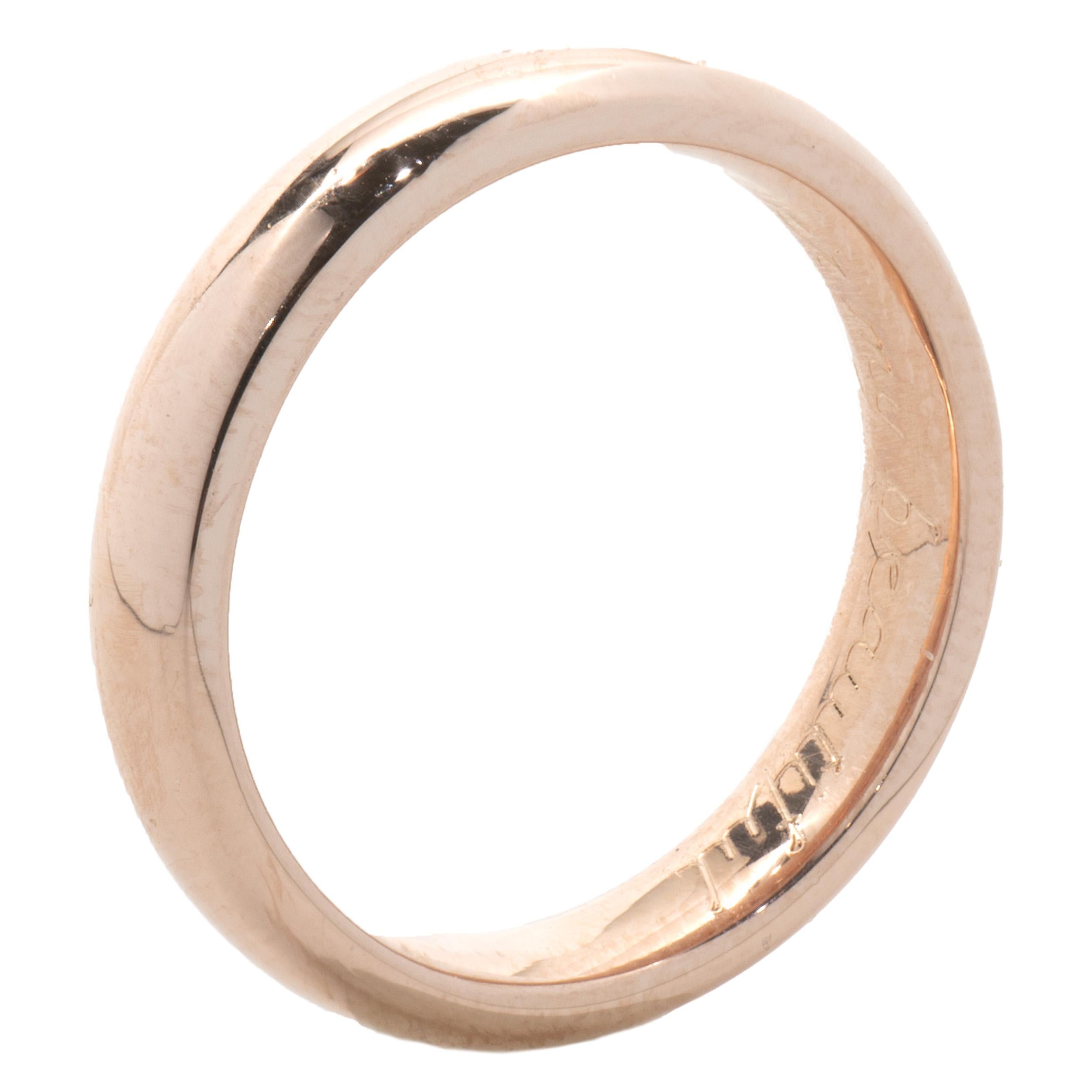 Designer: custom
Material: 14K rose gold
Dimensions: the ring measures 4mm wide
Weight:  5.12 grams
Ring Size: 6 (Please allow up to 2 additional business days for sizing requests) 