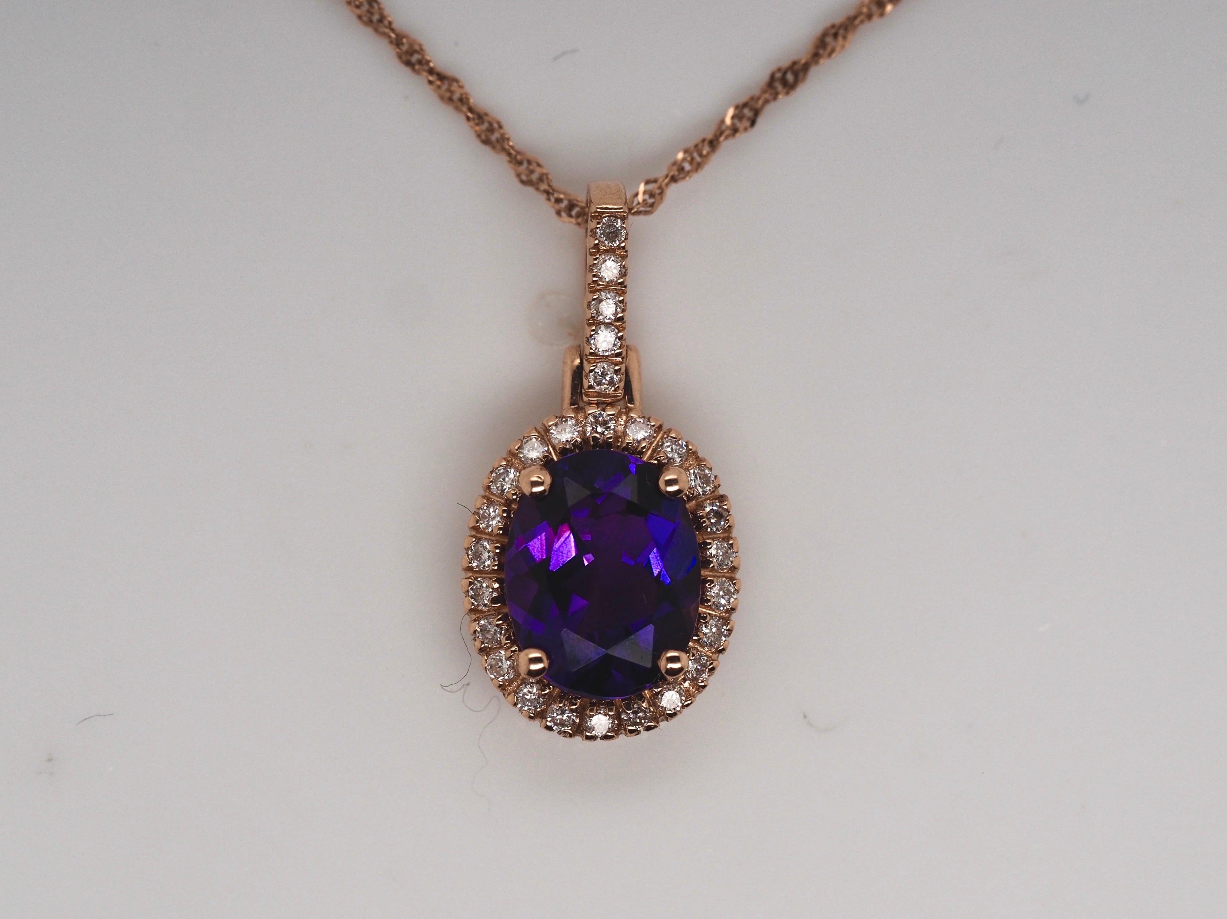 Modern 14 Karat Rose Gold Amethyst and Diamond Pendant with Chain