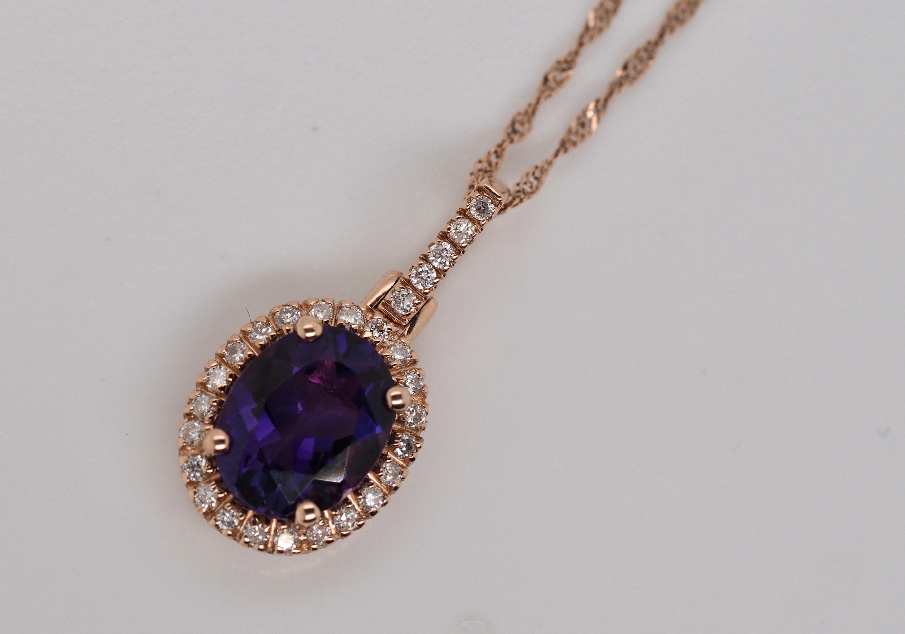 Oval Cut 14 Karat Rose Gold Amethyst and Diamond Pendant with Chain
