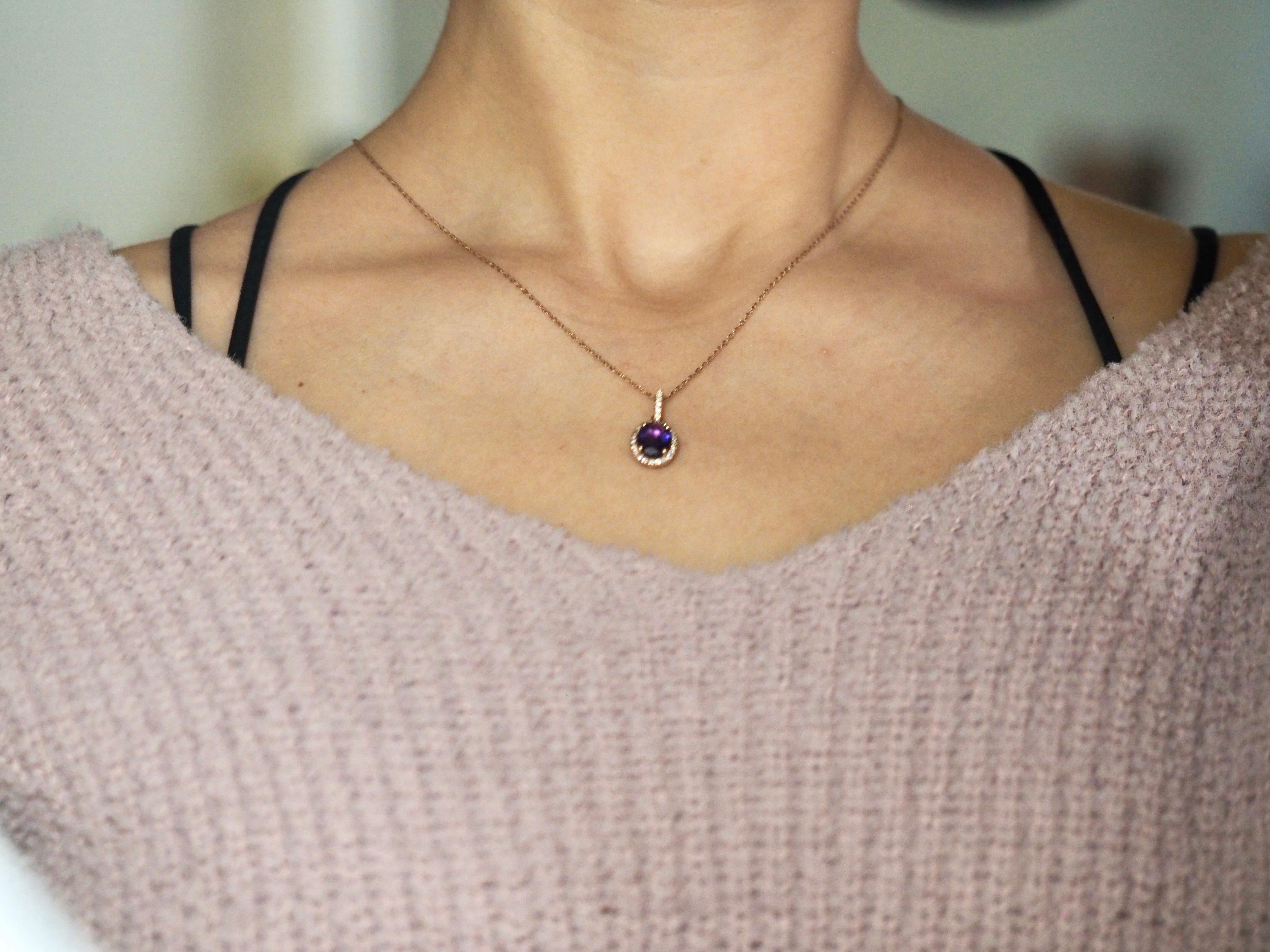 14 Karat Rose Gold Amethyst and Diamond Pendant with Chain In Excellent Condition In Addison, TX