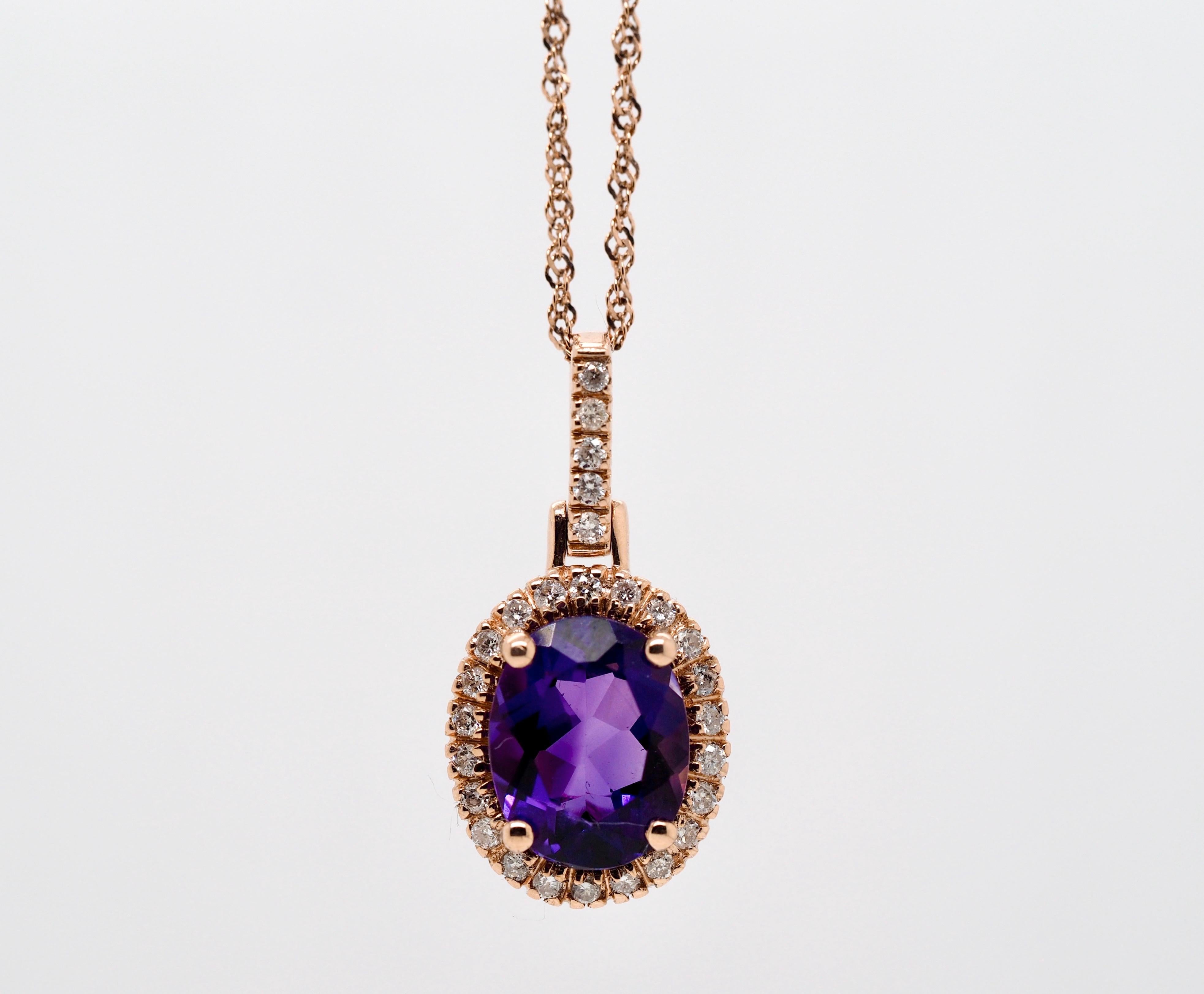 Women's 14 Karat Rose Gold Amethyst and Diamond Pendant with Chain