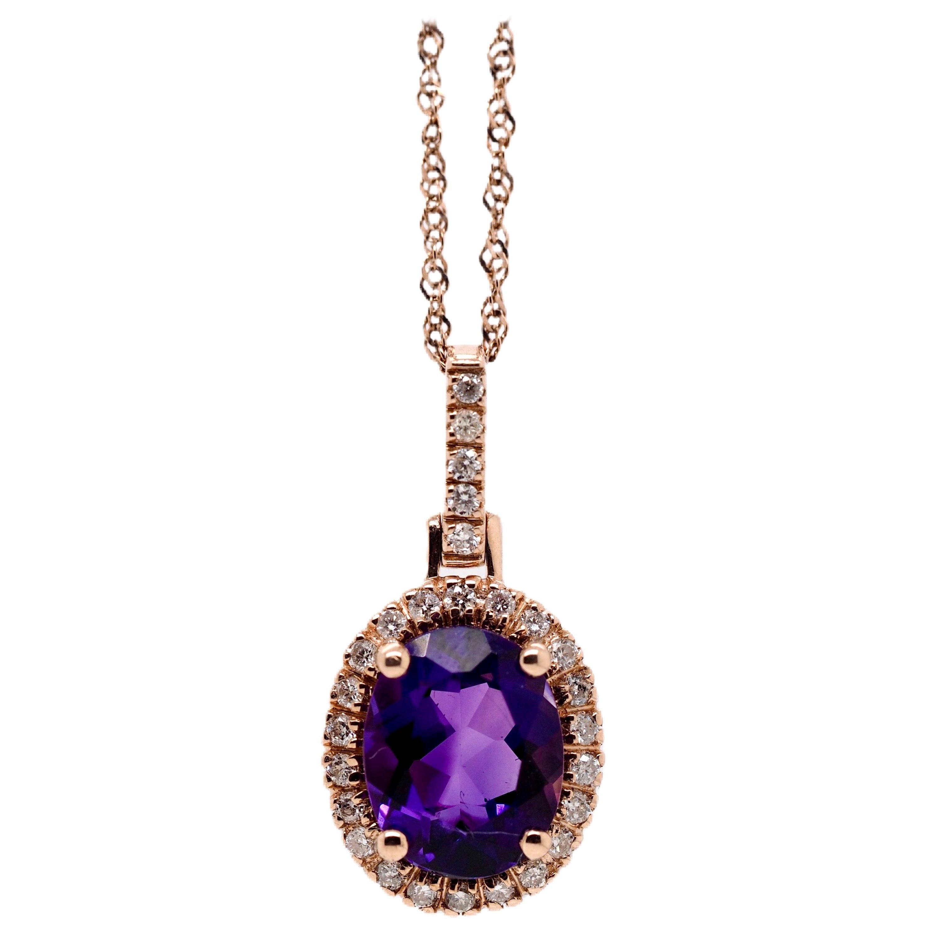 14 Karat Rose Gold Amethyst and Diamond Pendant with Chain