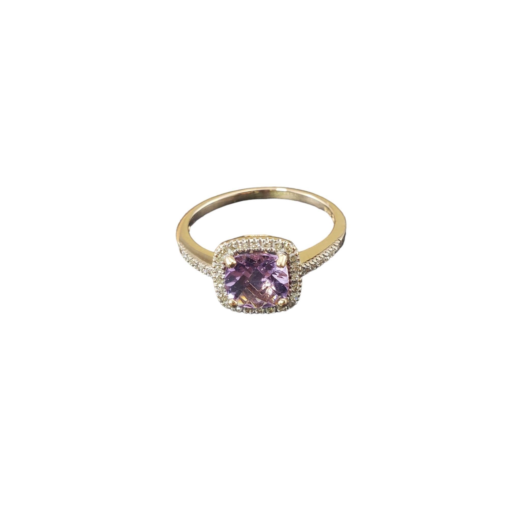 14 Karat Rose Gold Amethyst and Diamond Ring Size 8

This stunning ring features one cushion cut amethyst stone (7 mm x 7 mm) and 36 round single cut diamonds set in classic 14K rose gold.  

Width: 10 mm.  Shank: 1.5 mm.

Approximate total diamond