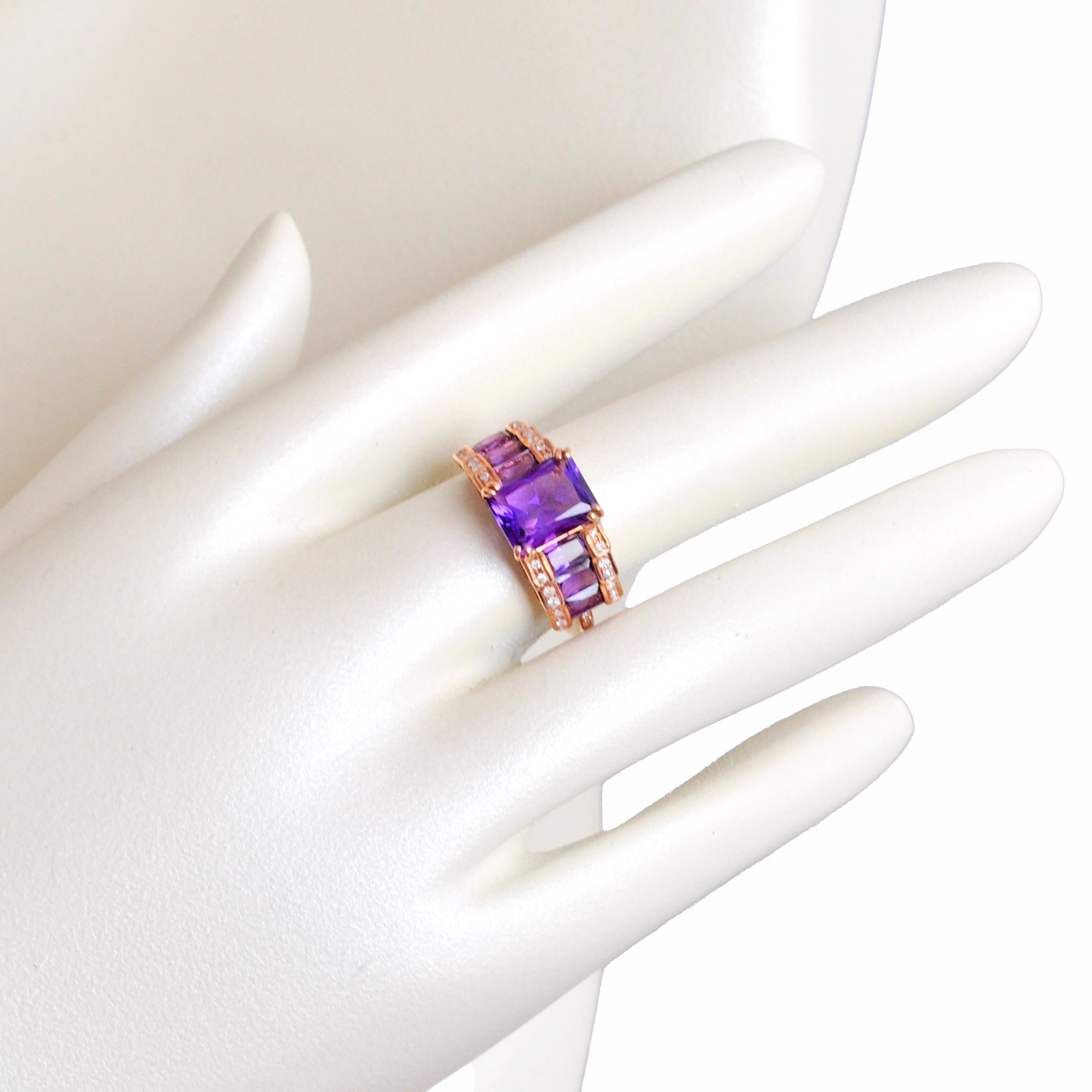 14 karat rose gold amethyst steps designer ring

This beautiful Amethyst ring is a radiant piece crafted to captivate the senses.

At its heart lies an octagon-cut amethyst stone, exuding a deep and enchanting purple hue that catches the light with