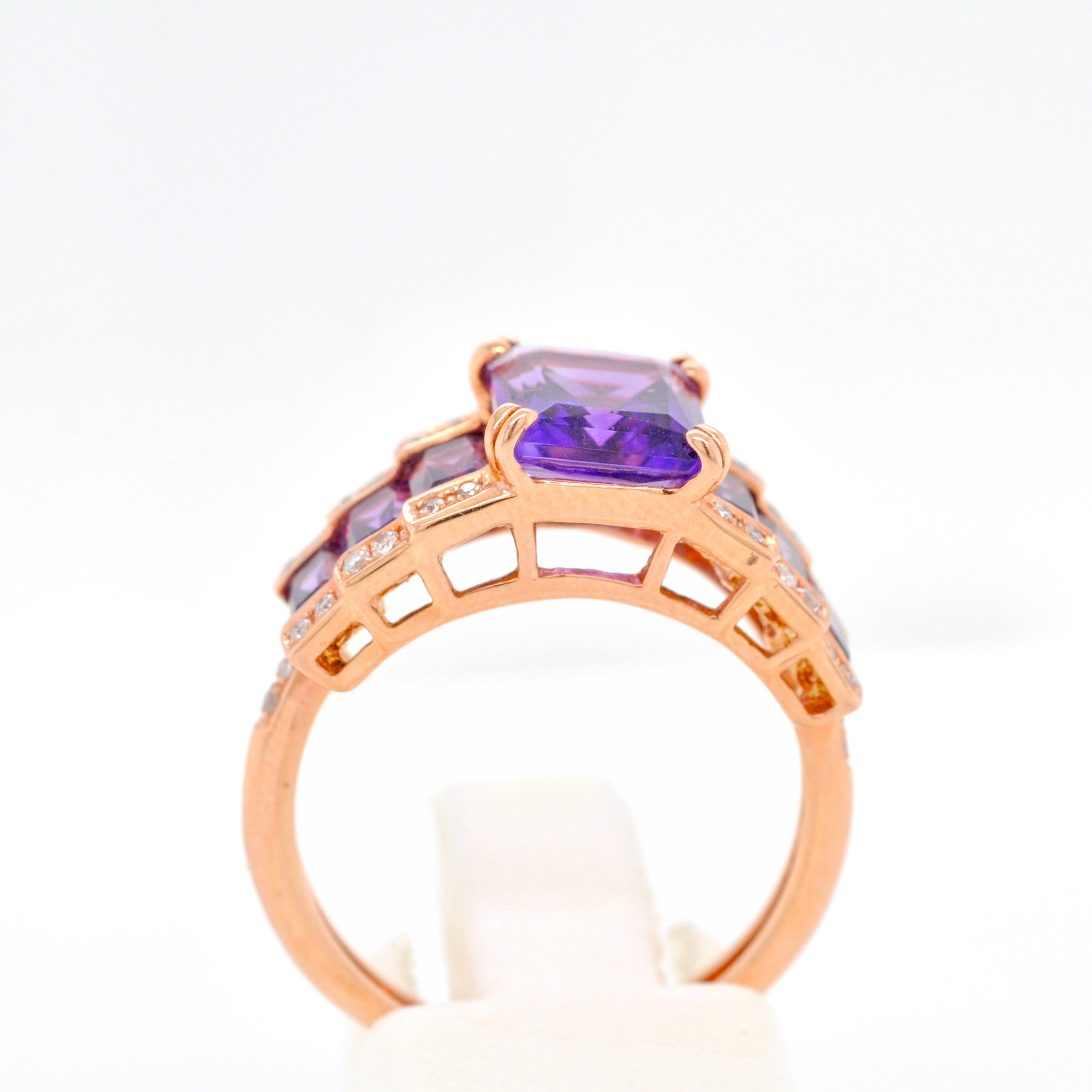 Women's or Men's 14 Karat Rose Gold Amethyst Baguette Steps Designer Ring For Sale