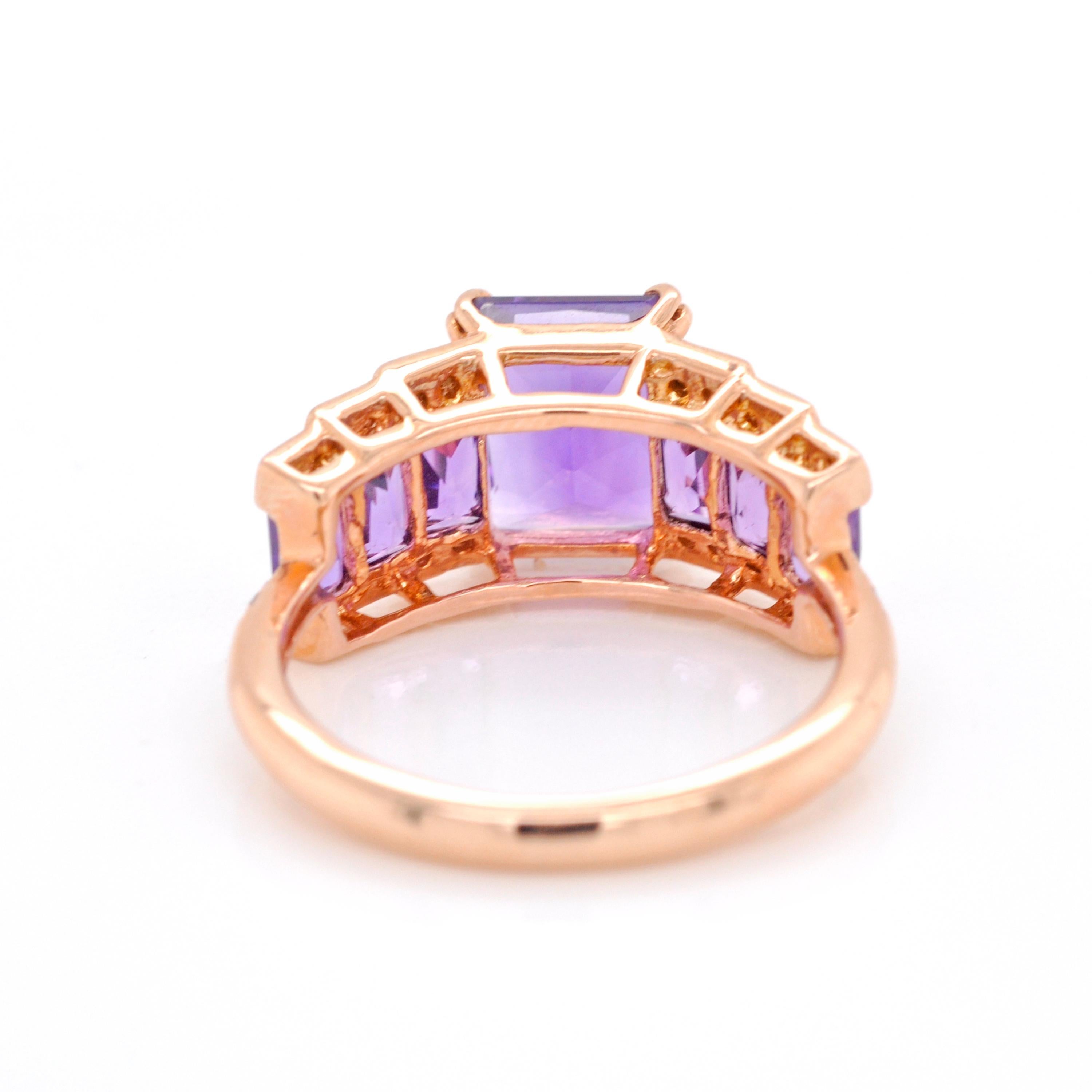 14 Karat Rose Gold Amethyst Baguette Steps Designer Ring For Sale 1