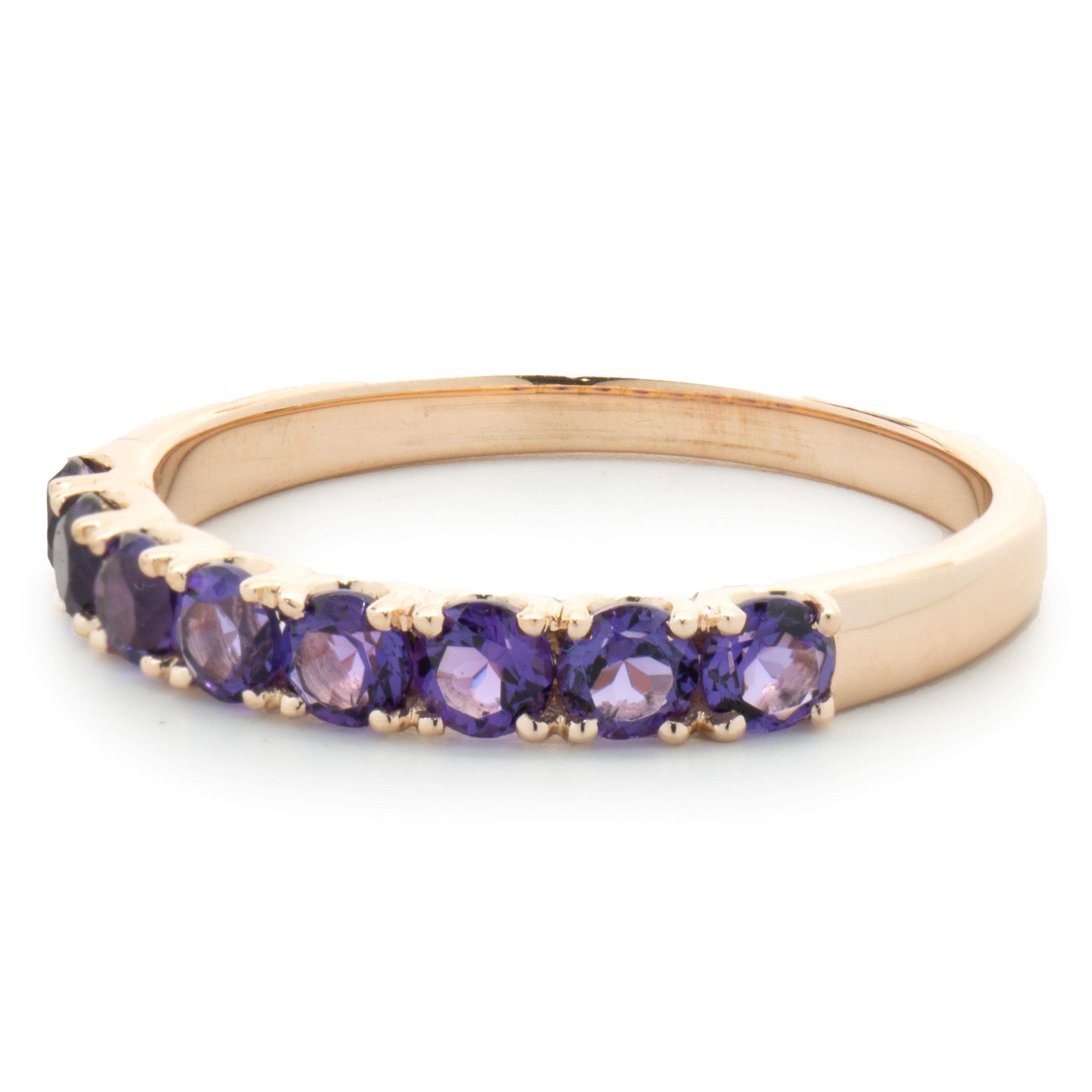 Designer: custom design
Material: 14K rose gold
Amethyst: 8 round cut = 0.80cttw
Dimensions: ring top measures 3mm wide
Ring Size: 8.25 (please allow two extra shipping days for sizing requests) 
Weight: 2.42 grams