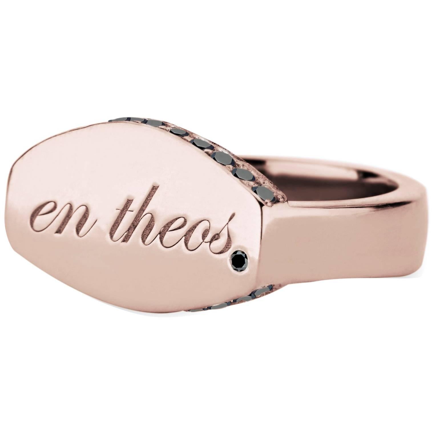14 Karat Rose Gold and Black Diamond En Theos "A God Within" Signet Ring For Sale
