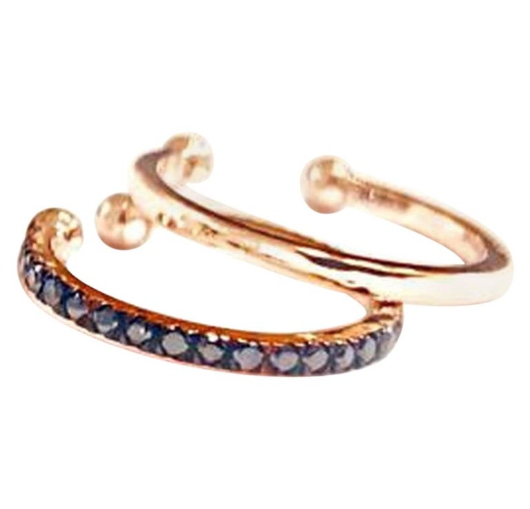 14K Rose Gold and Black Diamonds Faux Cartilage Hoop Earring Set For