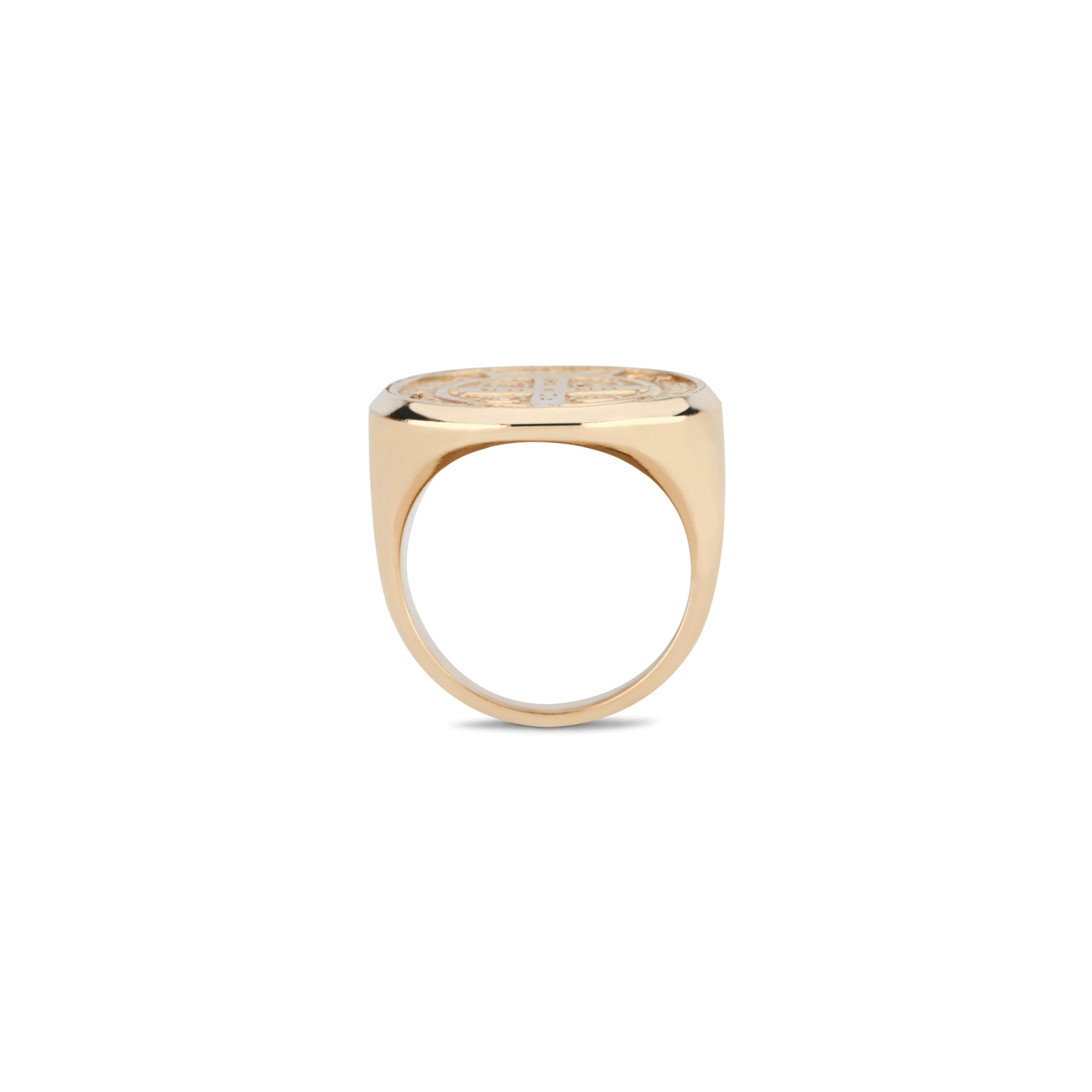 Round Cut 14 Karat Rose Gold and Pavé White Diamond St. Benedict Signet Ring For Sale