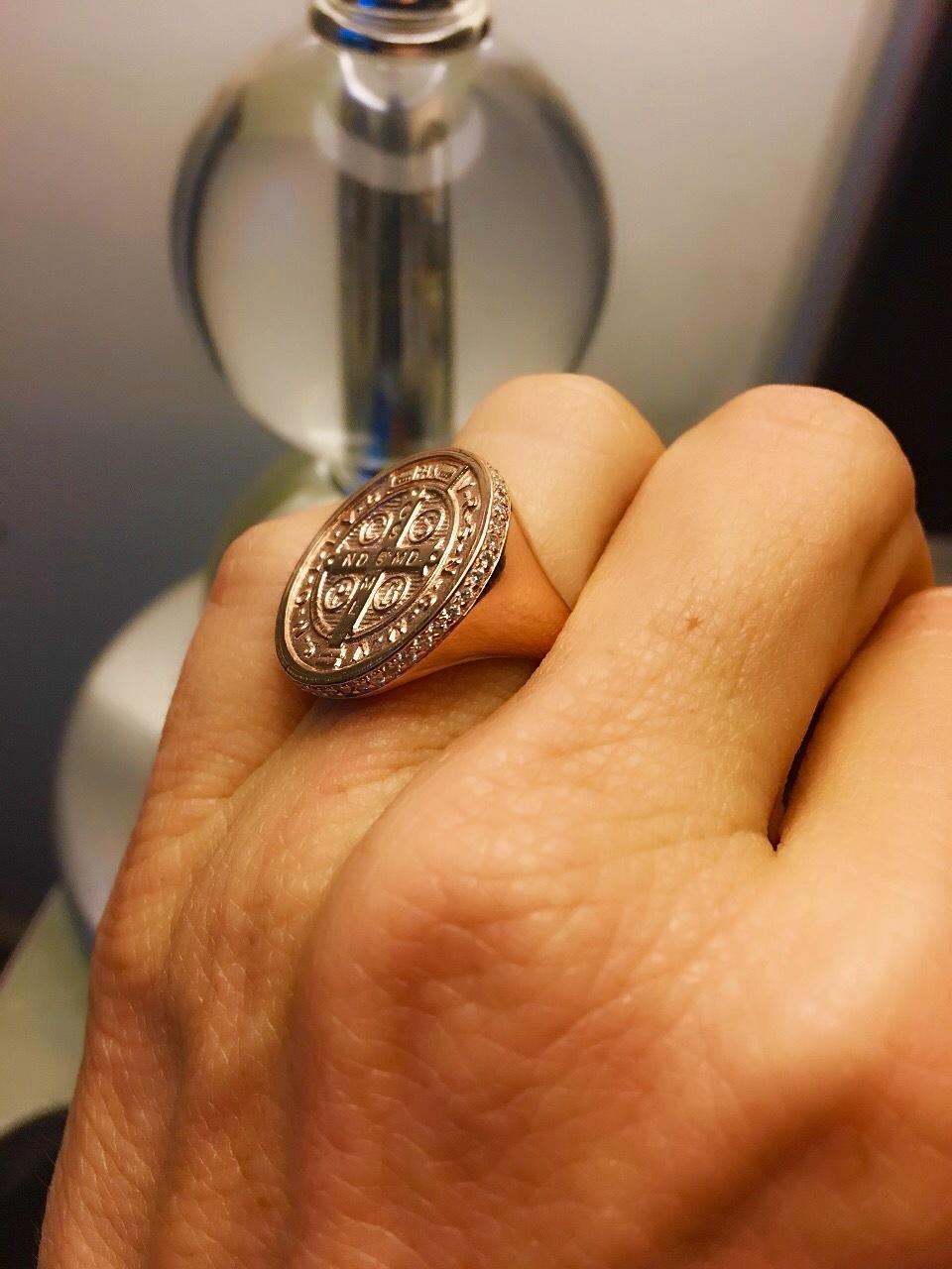 14 Karat Rose Gold and Pavé White Diamond St. Benedict Signet Ring In New Condition For Sale In Los Angeles, CA