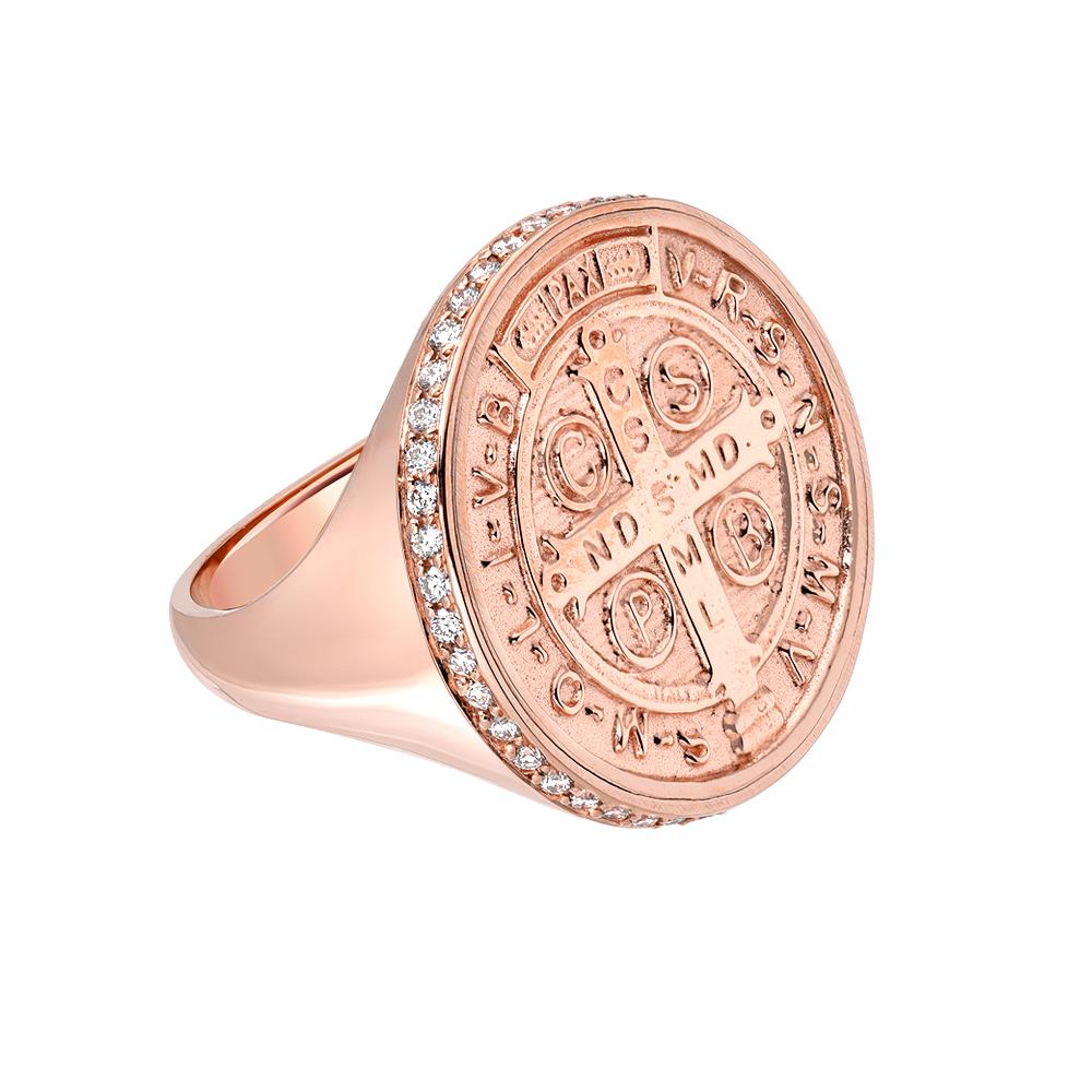 14 Karat Rose Gold and Pavé White Diamond St. Benedict Signet Ring For Sale