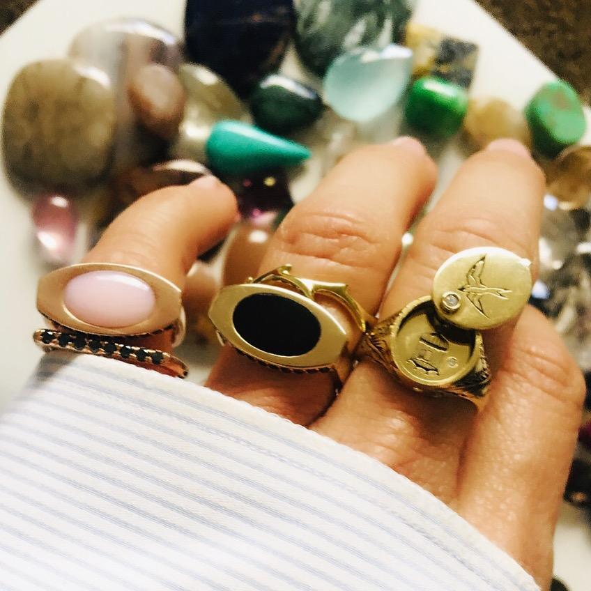 14 Karat Rose Gold and Pink Opal Signet Ring with Pavé Black Onyx In New Condition For Sale In Los Angeles, CA