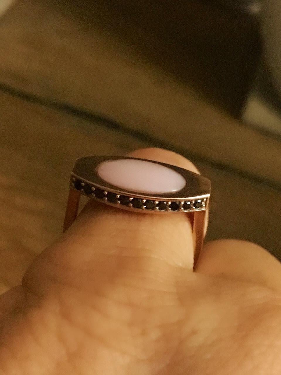 Women's 14 Karat Rose Gold and Pink Opal Signet Ring with Pavé Black Onyx For Sale