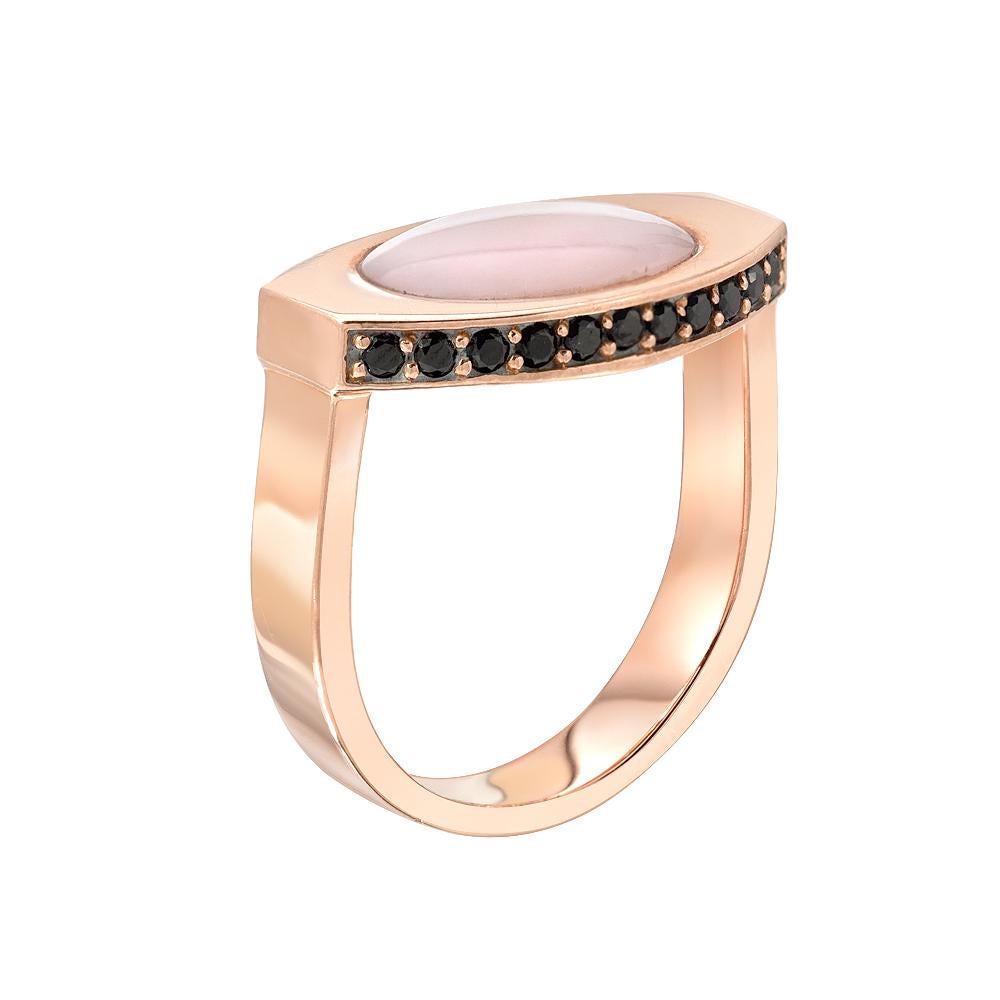 14 Karat Rose Gold and Pink Opal Signet Ring with Pavé Black Onyx For Sale
