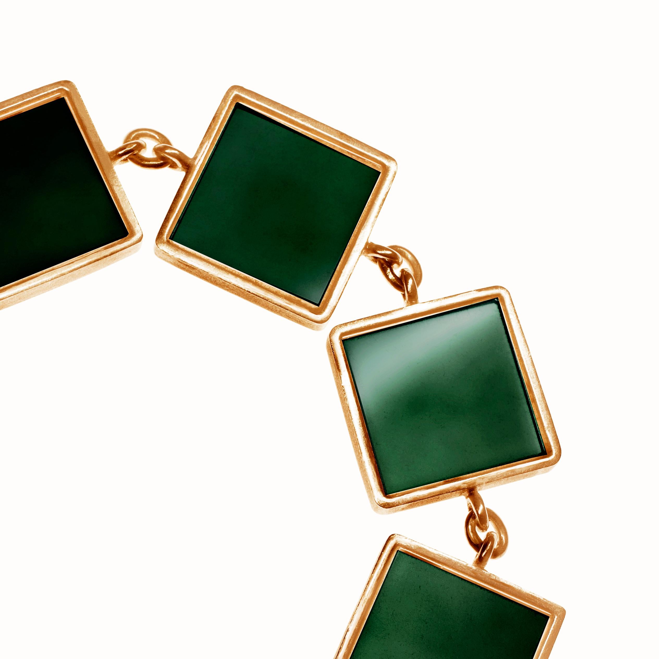 Mixed Cut Fourteen Karat Rose Gold Art Deco Style Bracelet with Dark Green Quartzes For Sale