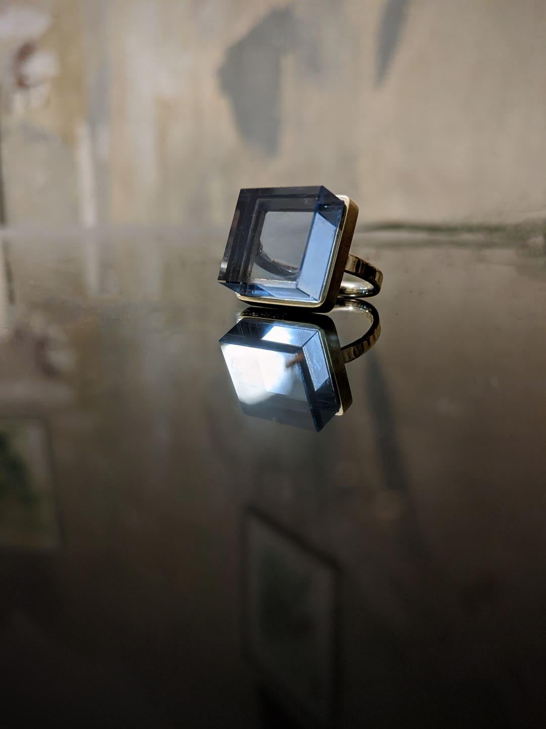 Women's or Men's Fourteen Karat Rose Gold Art Deco Style Ring with Blue Quartz For Sale