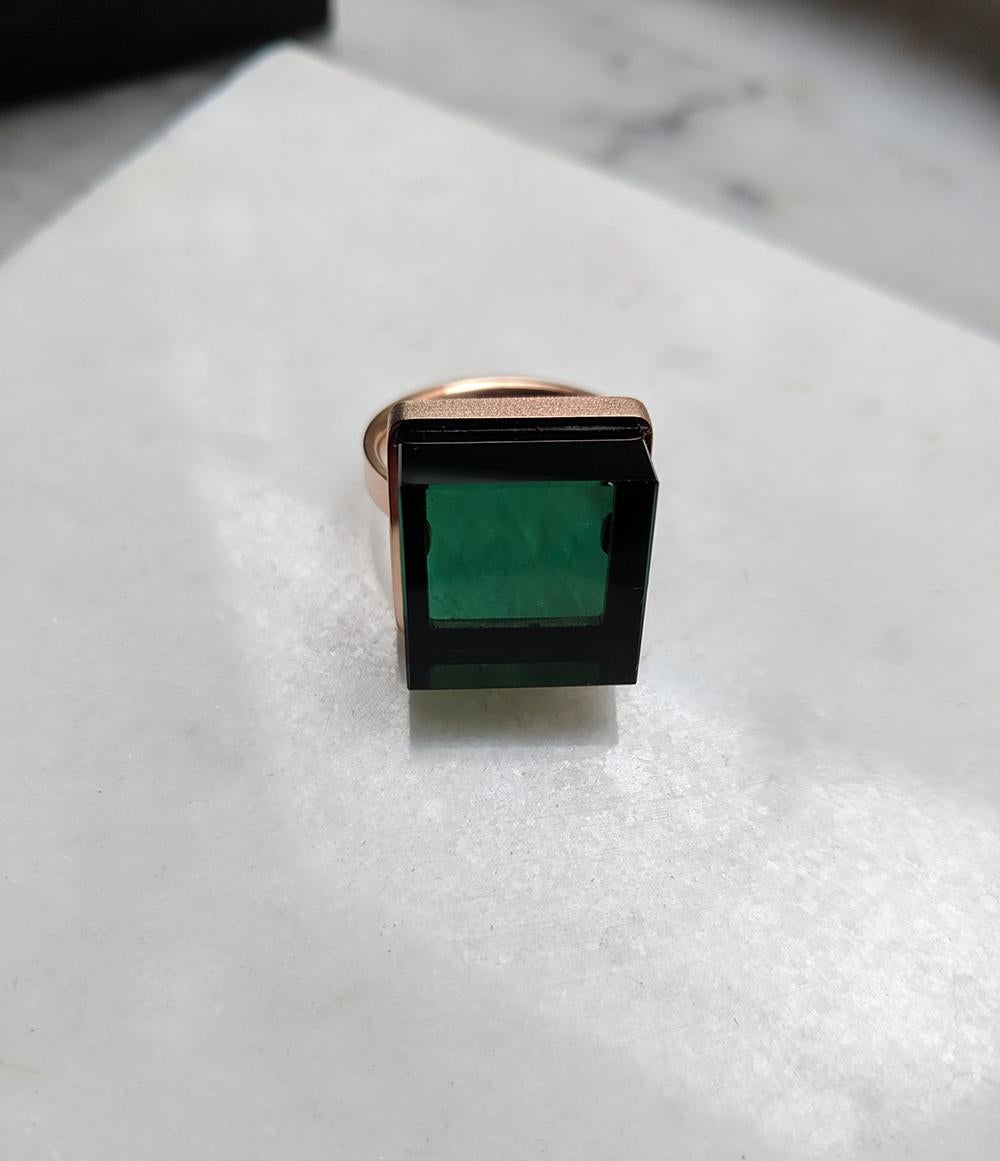 Featured in Vogue Fourteen Karat Rose Gold Art Deco Style Ring with Green Quartz For Sale 3