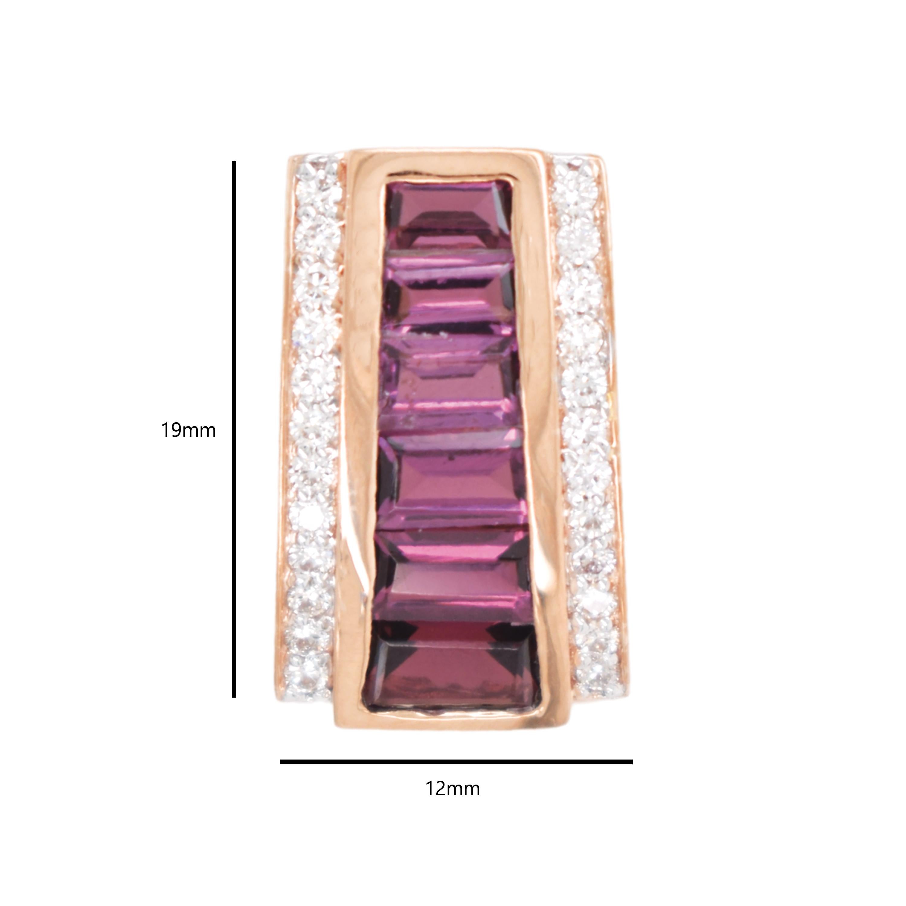 Art Déco Collana con ciondolo a piramide di diamanti in oro rosa 14 carati Baguette Rhodolite Art Deco in vendita