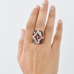 14 Karat Rose Gold Black Pearl Custom Cut Rhodolite Diamond Cocktail Ring