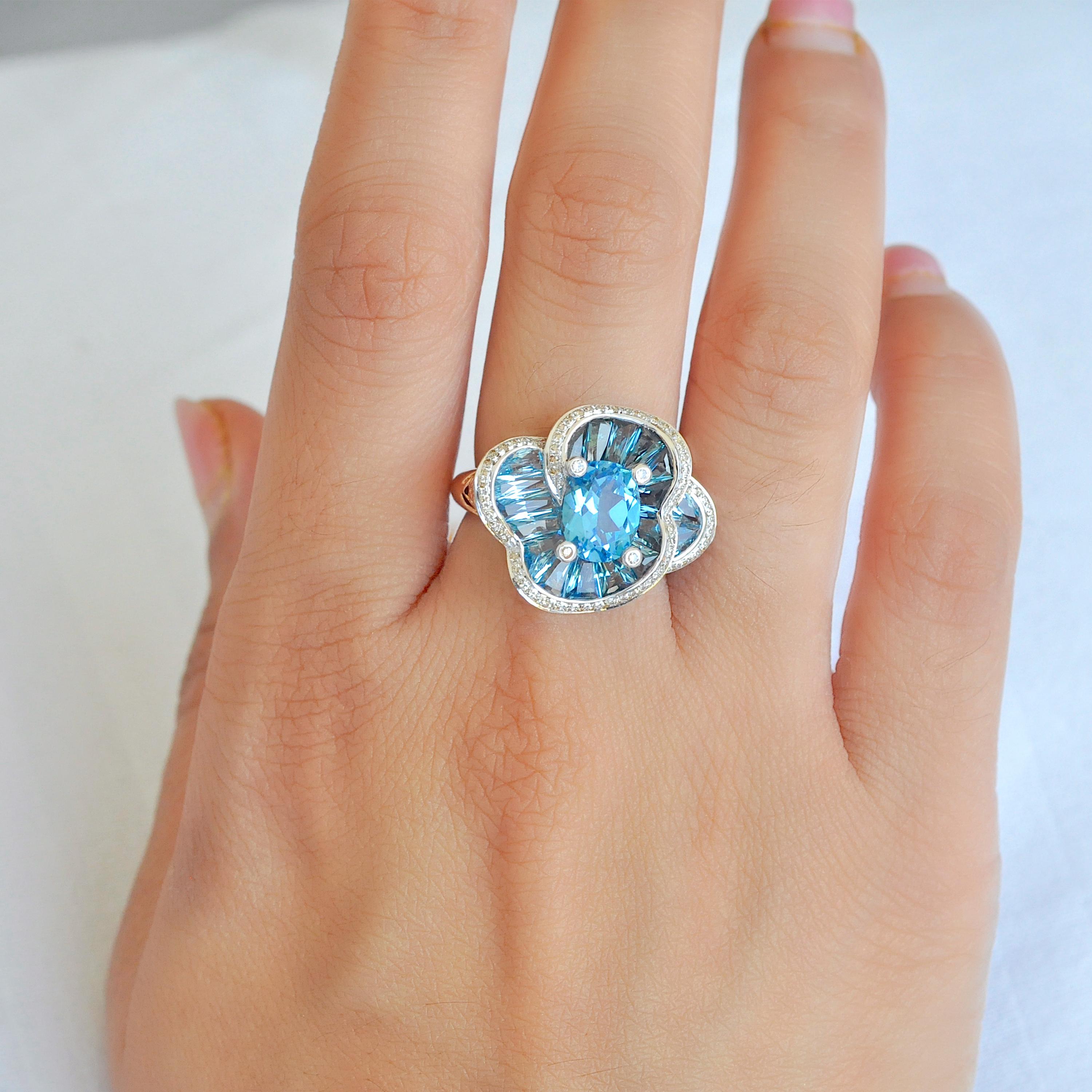 14 Karat Rose Gold Blue Topaz Special Cut Flower Contemporary Cocktail Ring For Sale 5