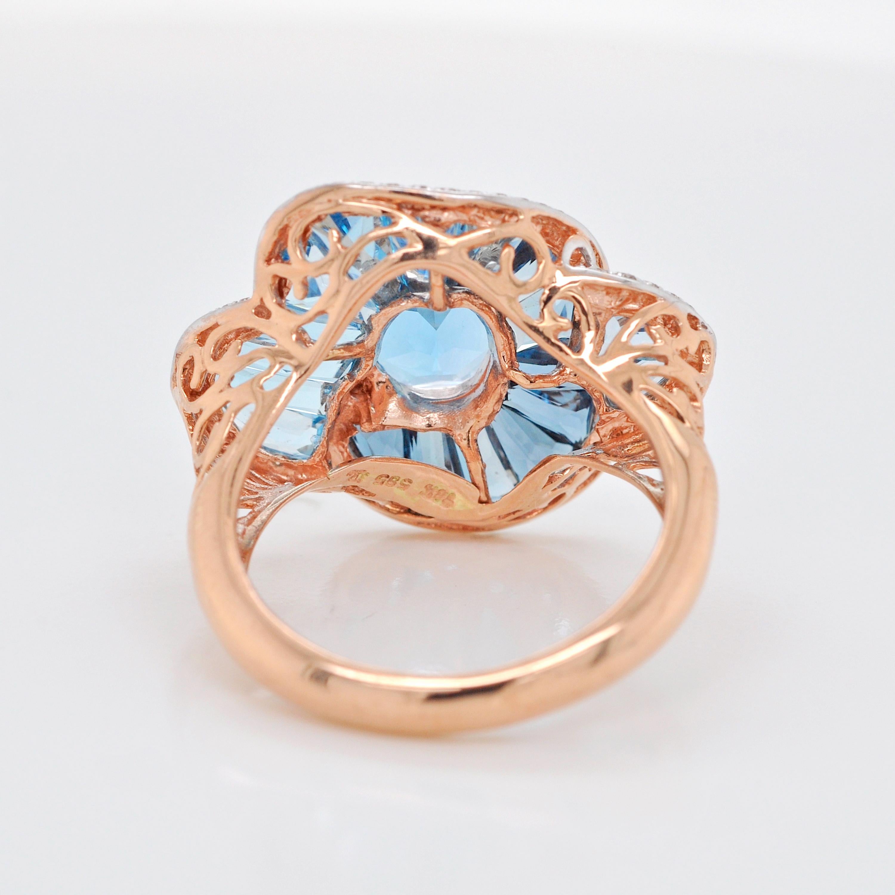 14 Karat Rose Gold Blue Topaz Special Cut Flower Contemporary Cocktail Ring For Sale 1
