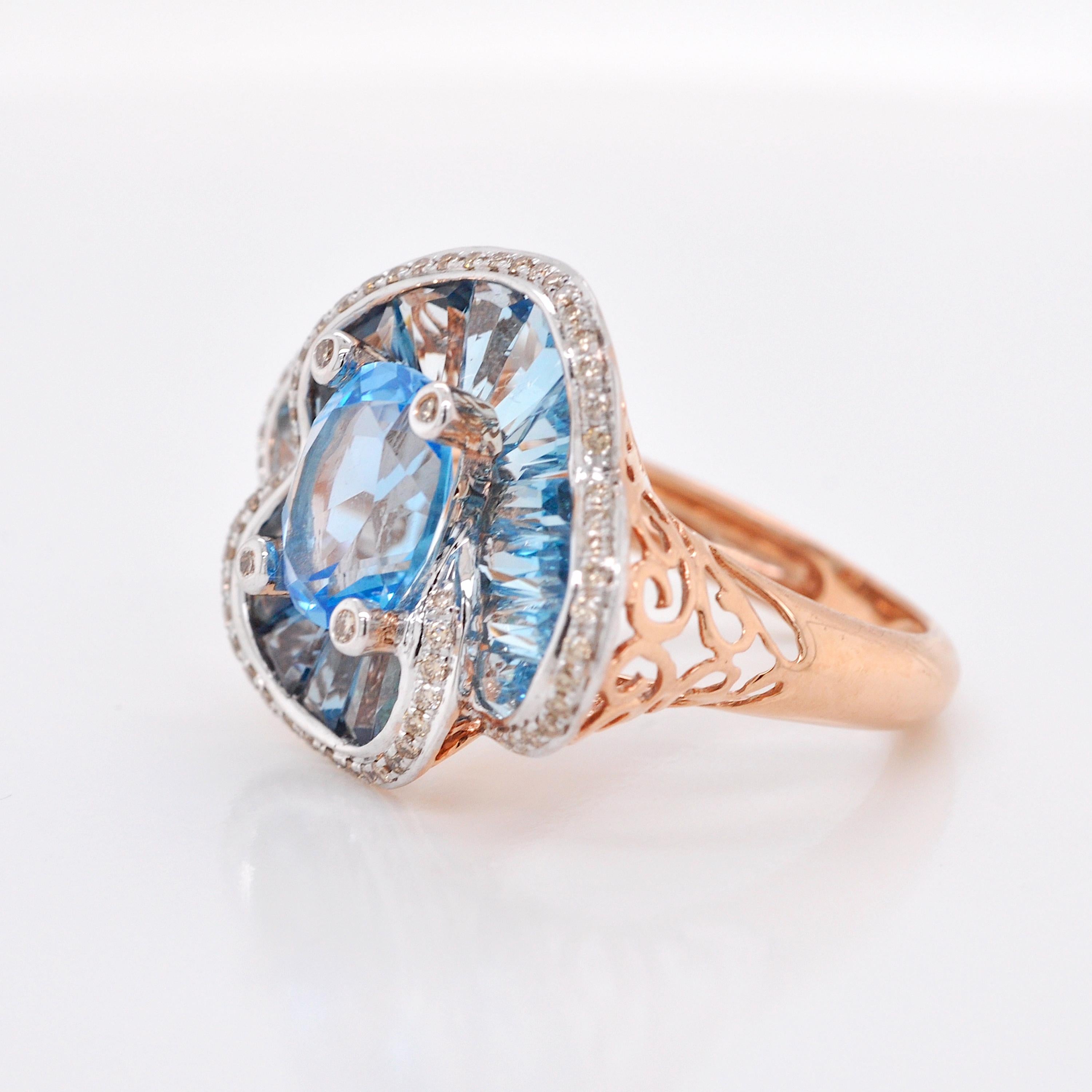 14 Karat Rose Gold Blue Topaz Special Cut Flower Contemporary Cocktail Ring For Sale 2