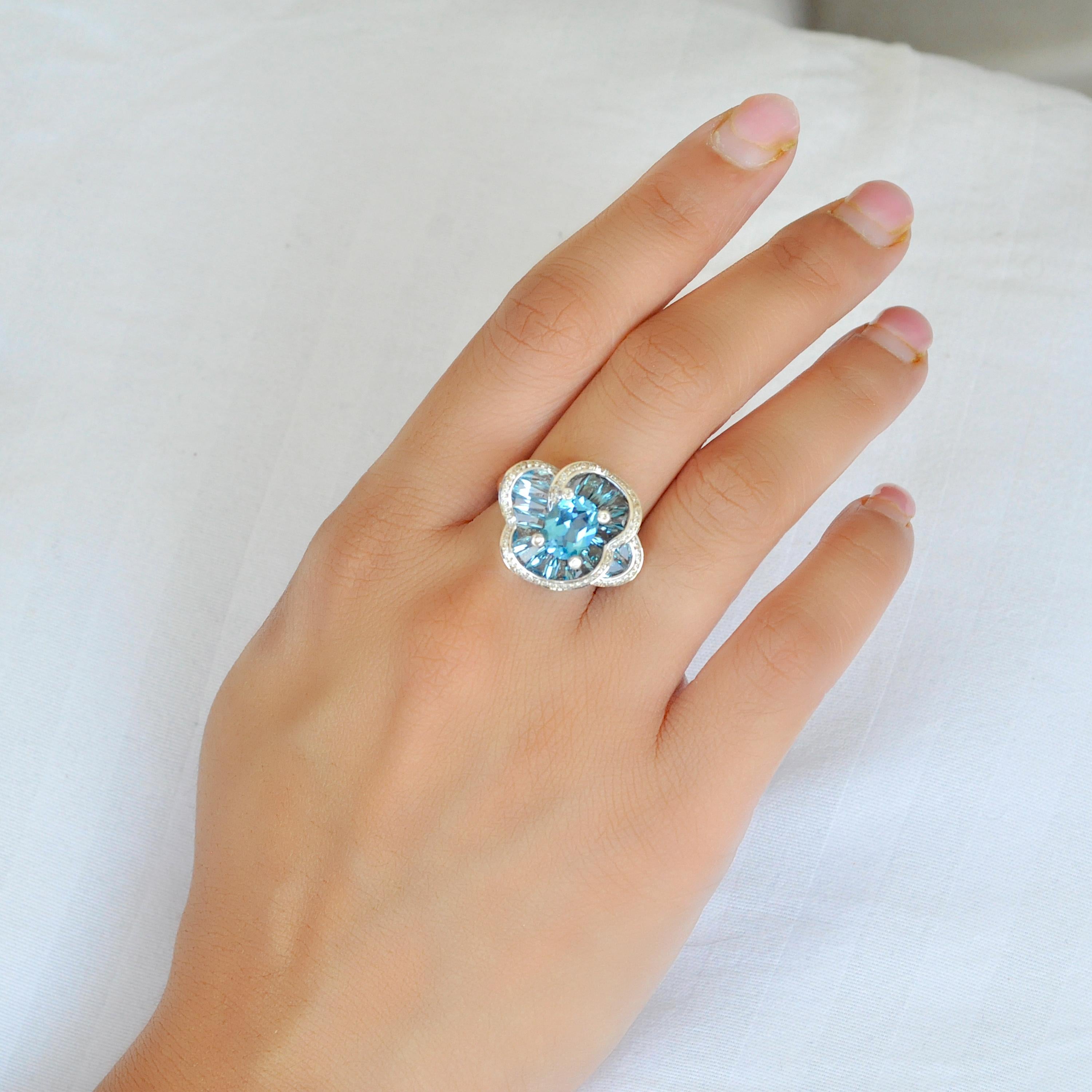 14 Karat Rose Gold Blue Topaz Special Cut Flower Contemporary Cocktail Ring For Sale 4