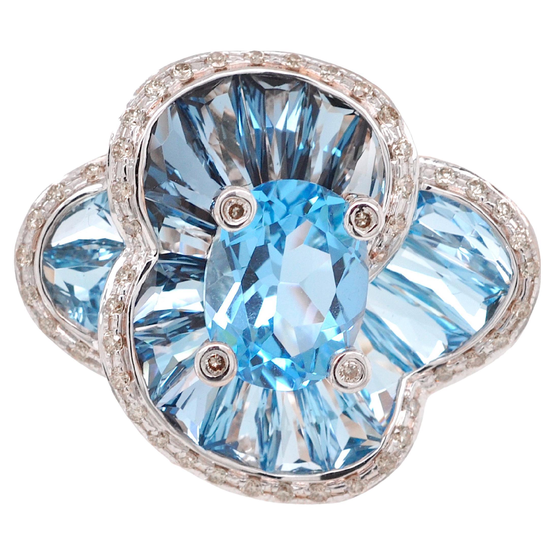 14 Karat Rose Gold Blue Topaz Special Cut Flower Contemporary Cocktail Ring For Sale