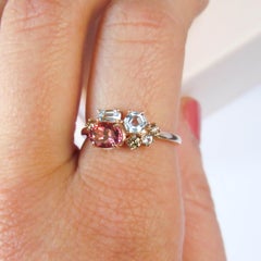 14 Karat Rose Gold Brown Diamonds, Pink Tourmaline and Sky Blue Topaz Ring