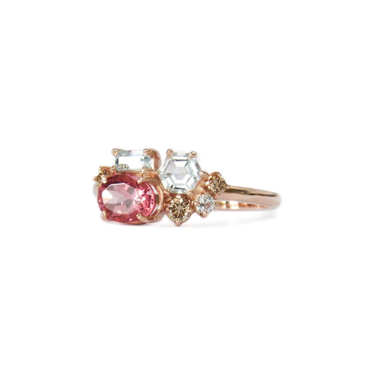 Oval Cut 14 Karat Rose Gold Brown Diamonds, Pink Tourmaline and Sky Blue Topaz Ring For Sale
