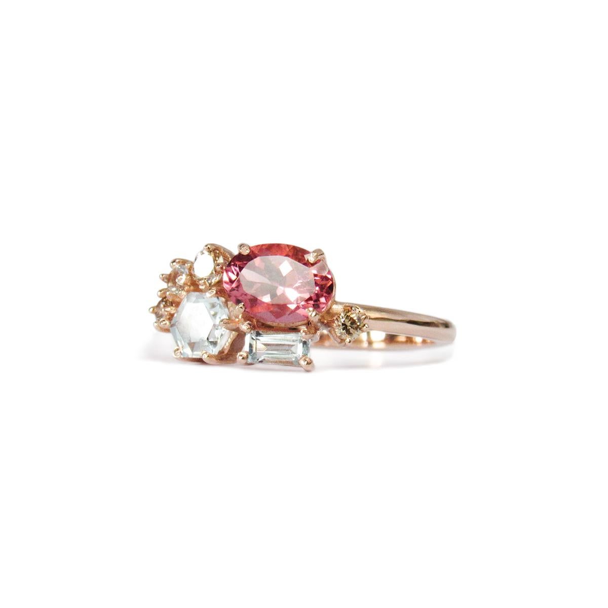 Women's 14 Karat Rose Gold Brown Diamonds, Pink Tourmaline and Sky Blue Topaz Ring For Sale