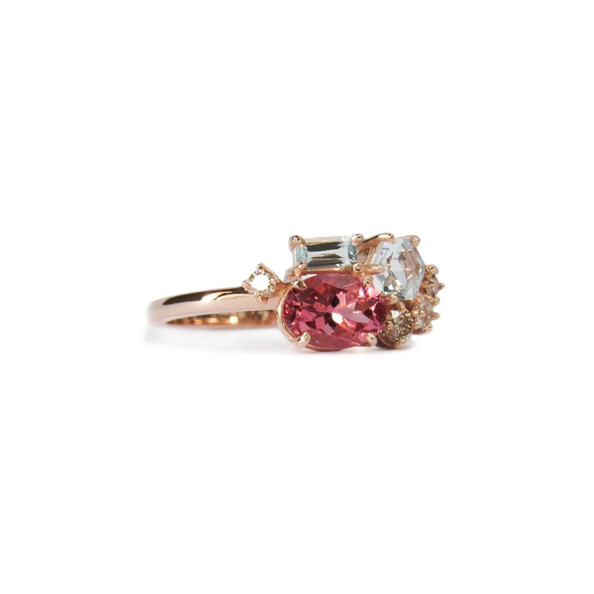 14 Karat Rose Gold Brown Diamonds, Pink Tourmaline and Sky Blue Topaz Ring For Sale 3