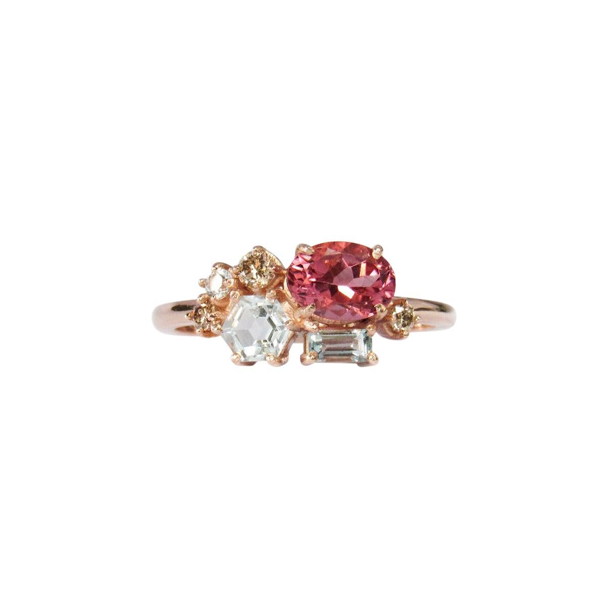 14 Karat Rose Gold Brown Diamonds, Pink Tourmaline and Sky Blue Topaz Ring For Sale