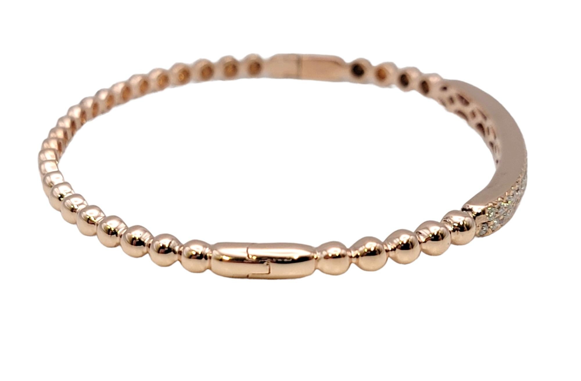 Women's 14 Karat Rose Gold Bubble Style Narrow Stacking Bangle Bracelet with Diamonds For Sale
