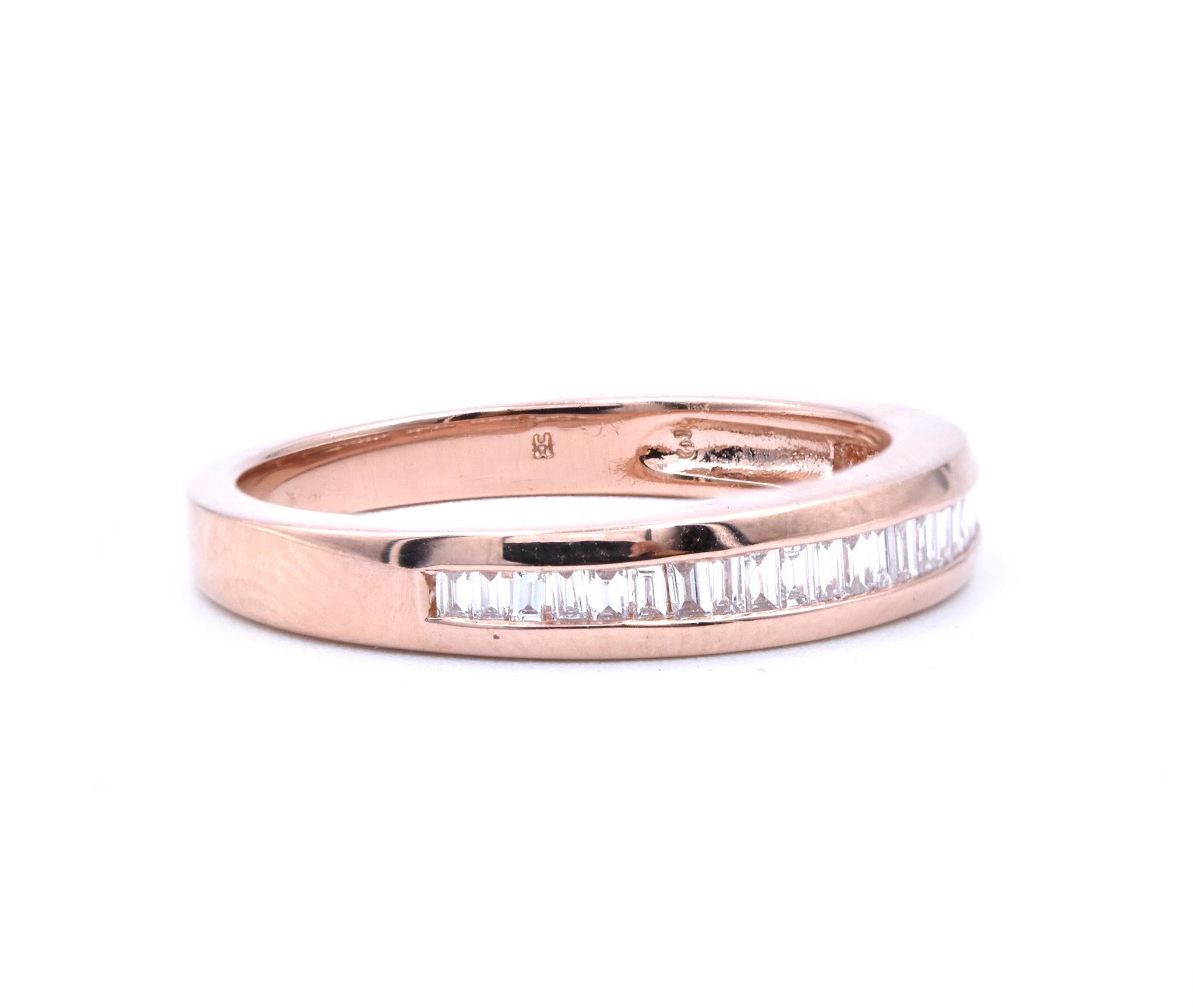 Material: 14K rose gold 
Diamonds: 24 baguette cut = .25cttw
Color: H
Clarity: SI1
Ring Size: 7 (please allow up to 2 additional business days for sizing requests)
Dimensions: ring measures 3.7mm wide
Weight: 3.65 grams