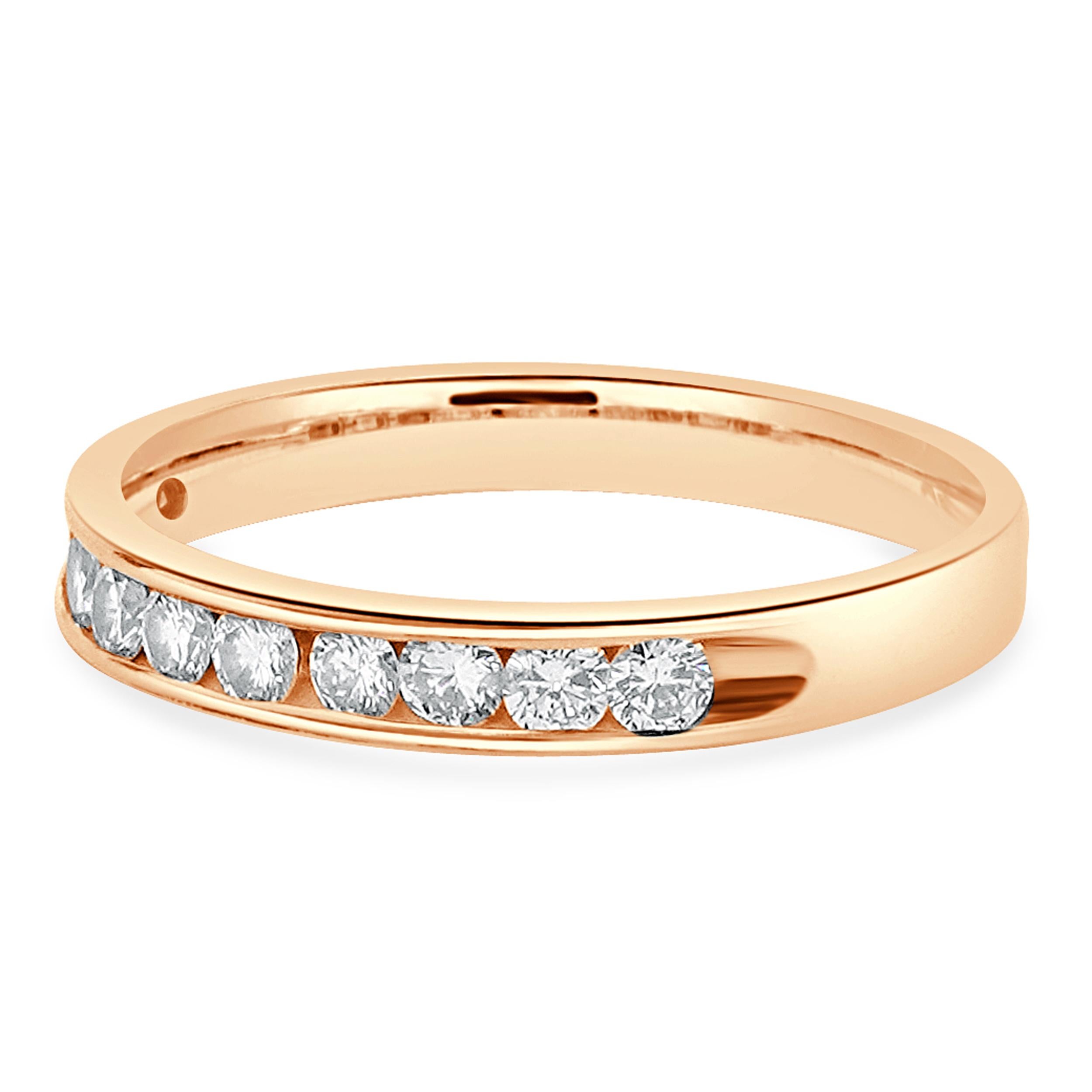 Designer: custom
Material: 14K rose gold
Diamond: 11 round brilliant = 0.55cttw 
Color: I
Clarity: SI1
Ring size: 6.25 (please allow two additional shipping days for sizing requests)
Weight: 1.99 grams
