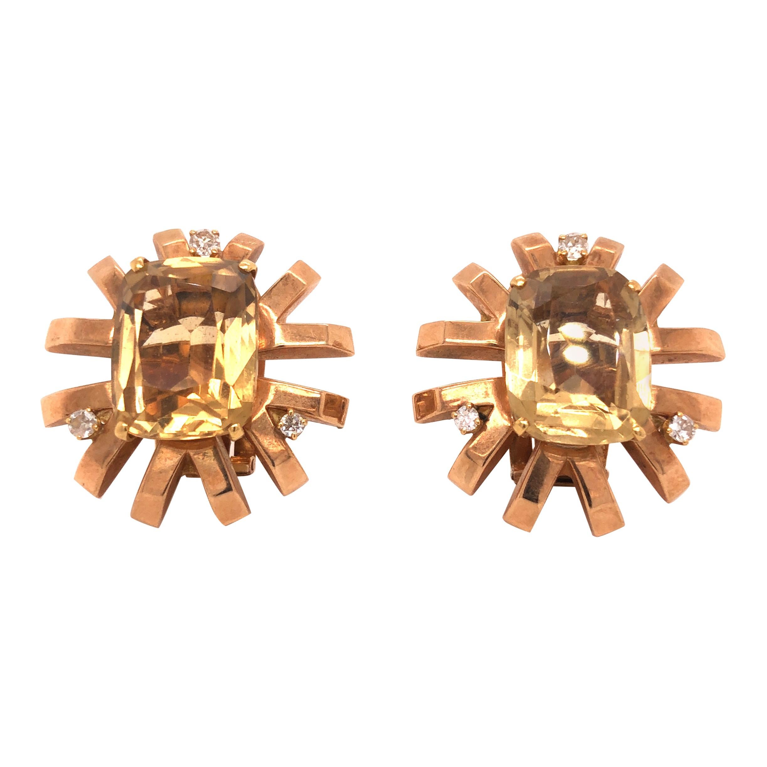 14 Karat Rose Gold Citrine Diamond Belgian Earrings For Sale
