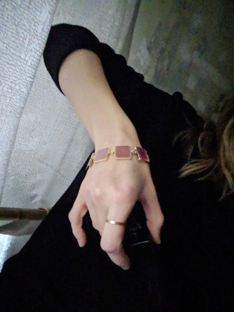Artist Fourteen Karat Rose Gold Contemporary Bracelet with Big Pink Onyx For Sale