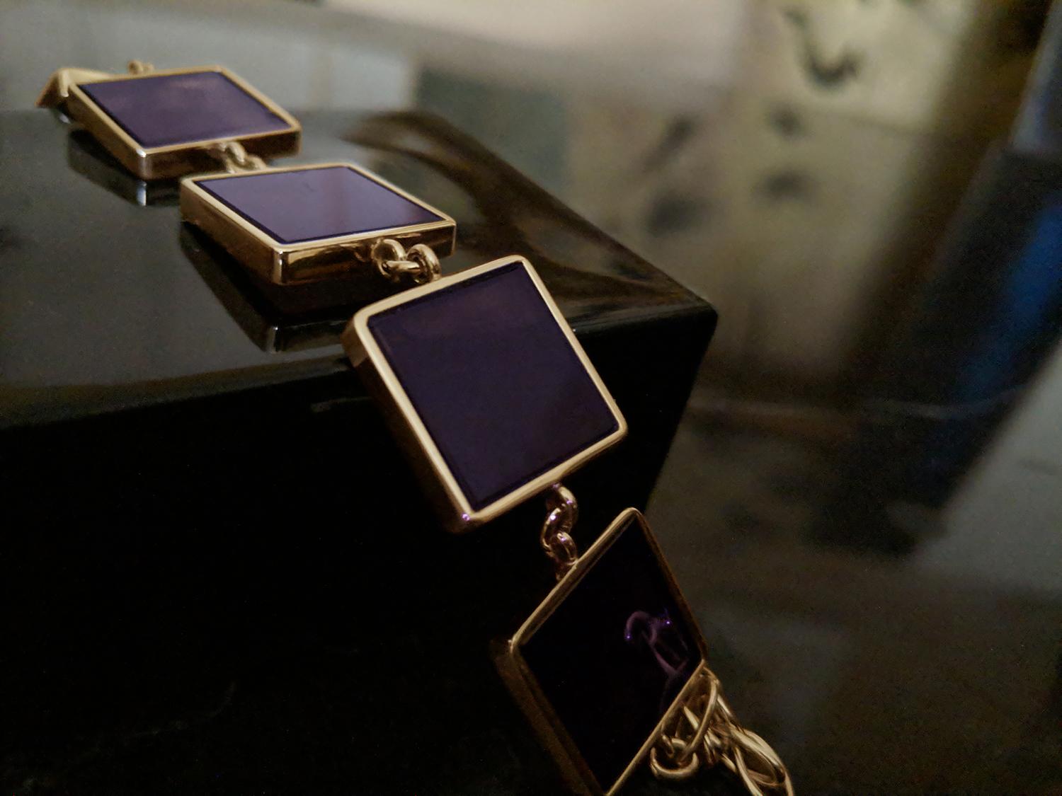 Fourteen Karat Rose Gold Contemporary Link Bracelet with Amethysts For Sale 5