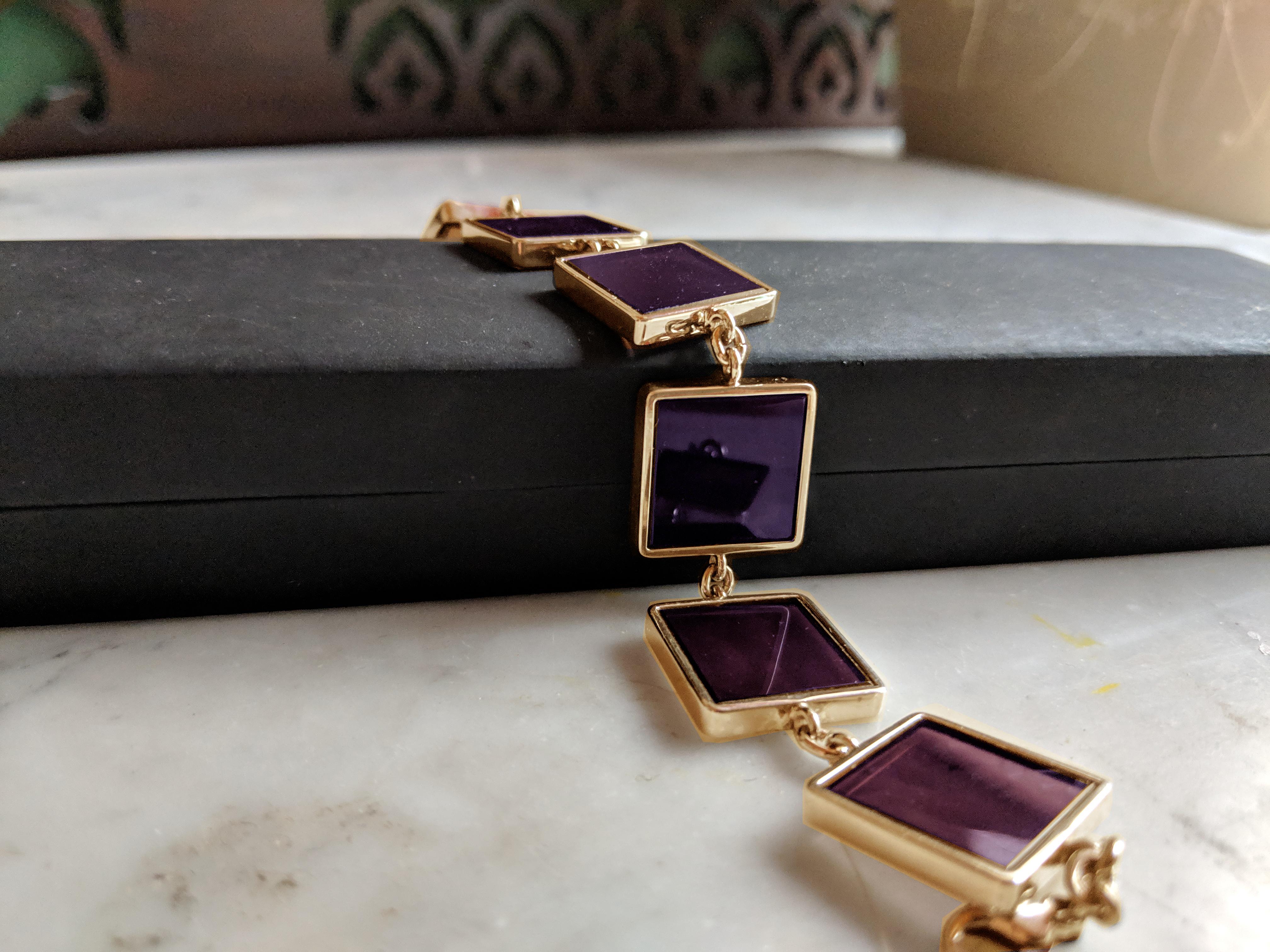 Fourteen Karat Rose Gold Contemporary Link Bracelet with Amethysts For Sale 7