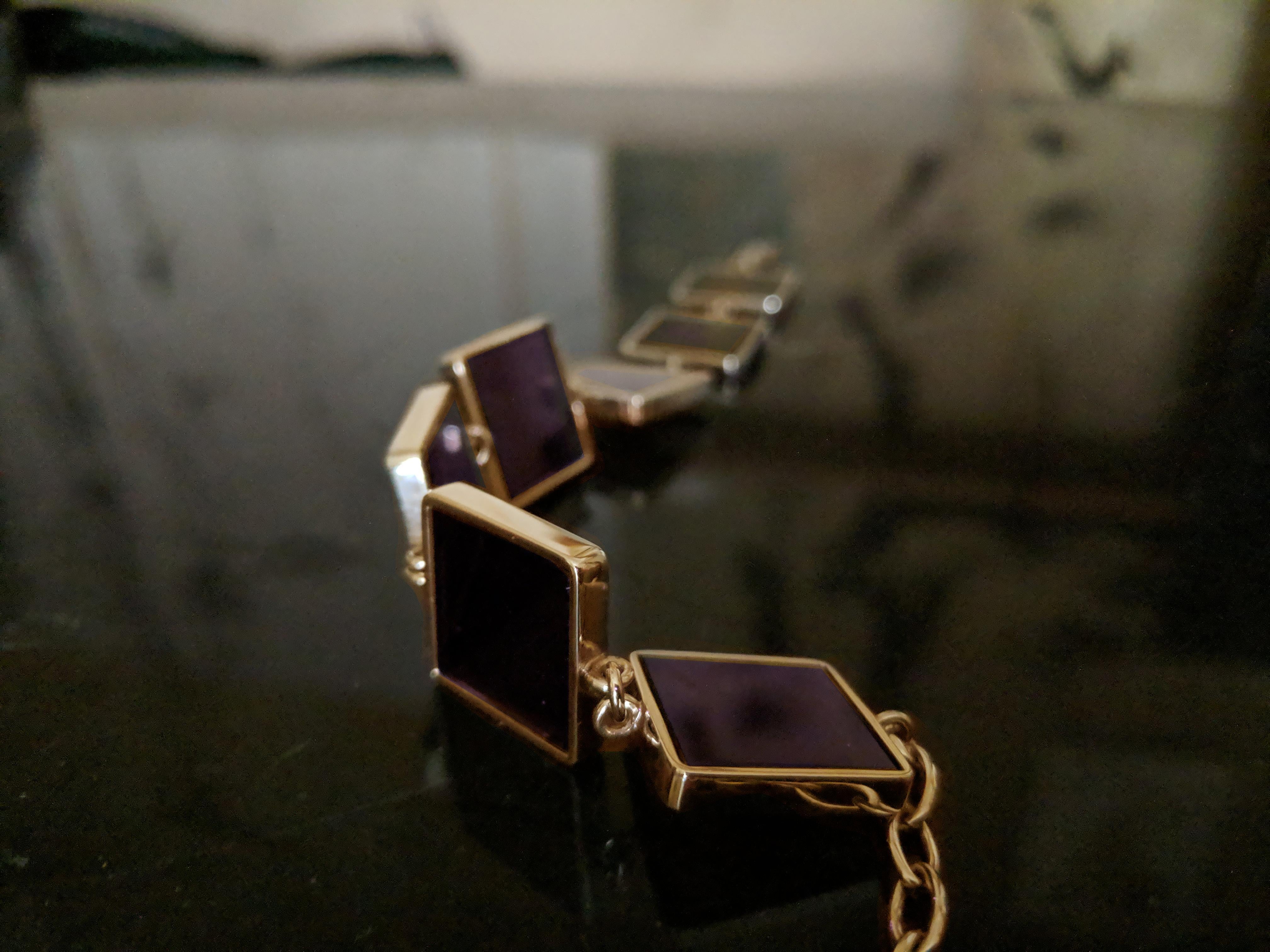 Fourteen Karat Rose Gold Contemporary Link Bracelet with Amethysts For Sale 10