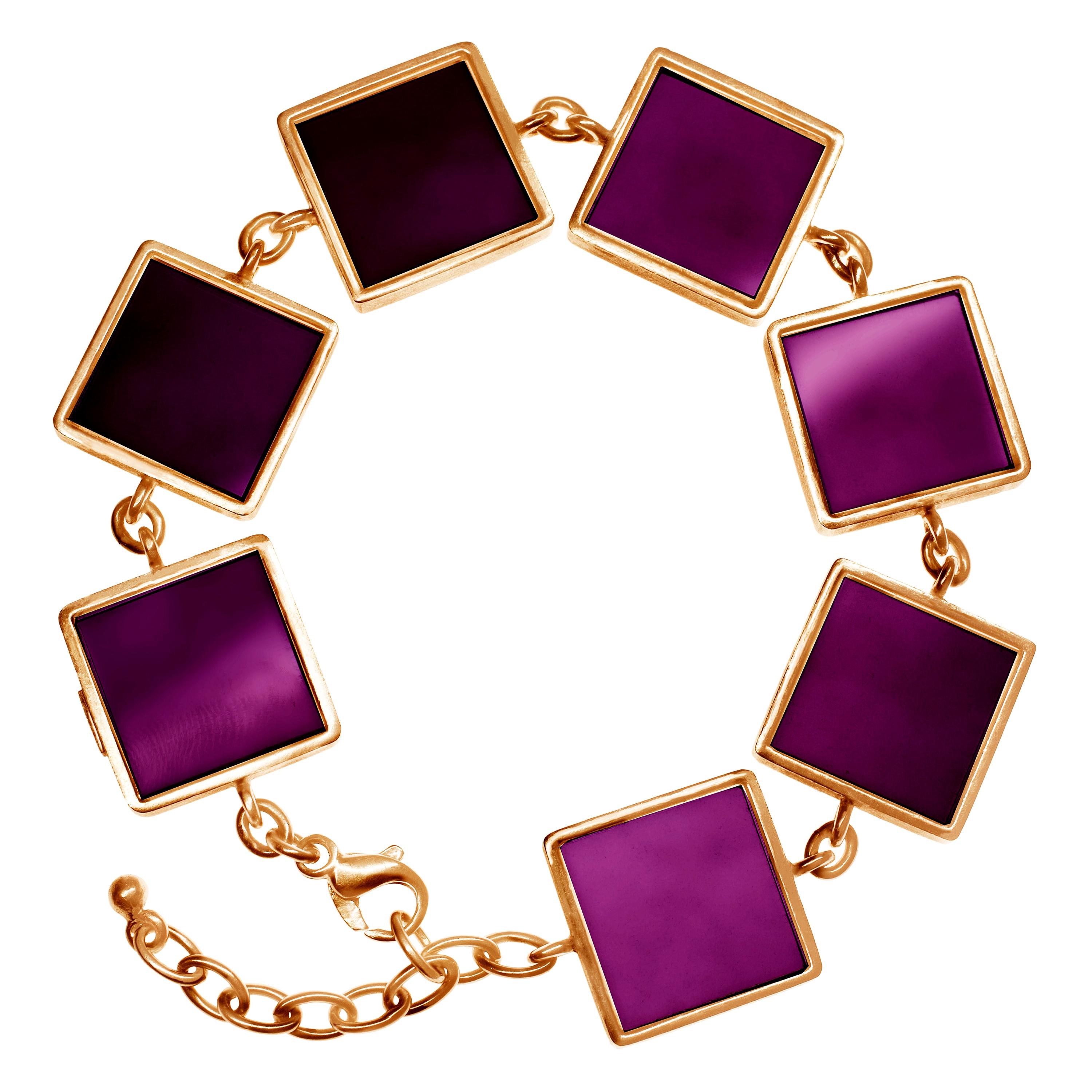 Fourteen Karat Rose Gold Contemporary Link Bracelet with Amethysts For Sale