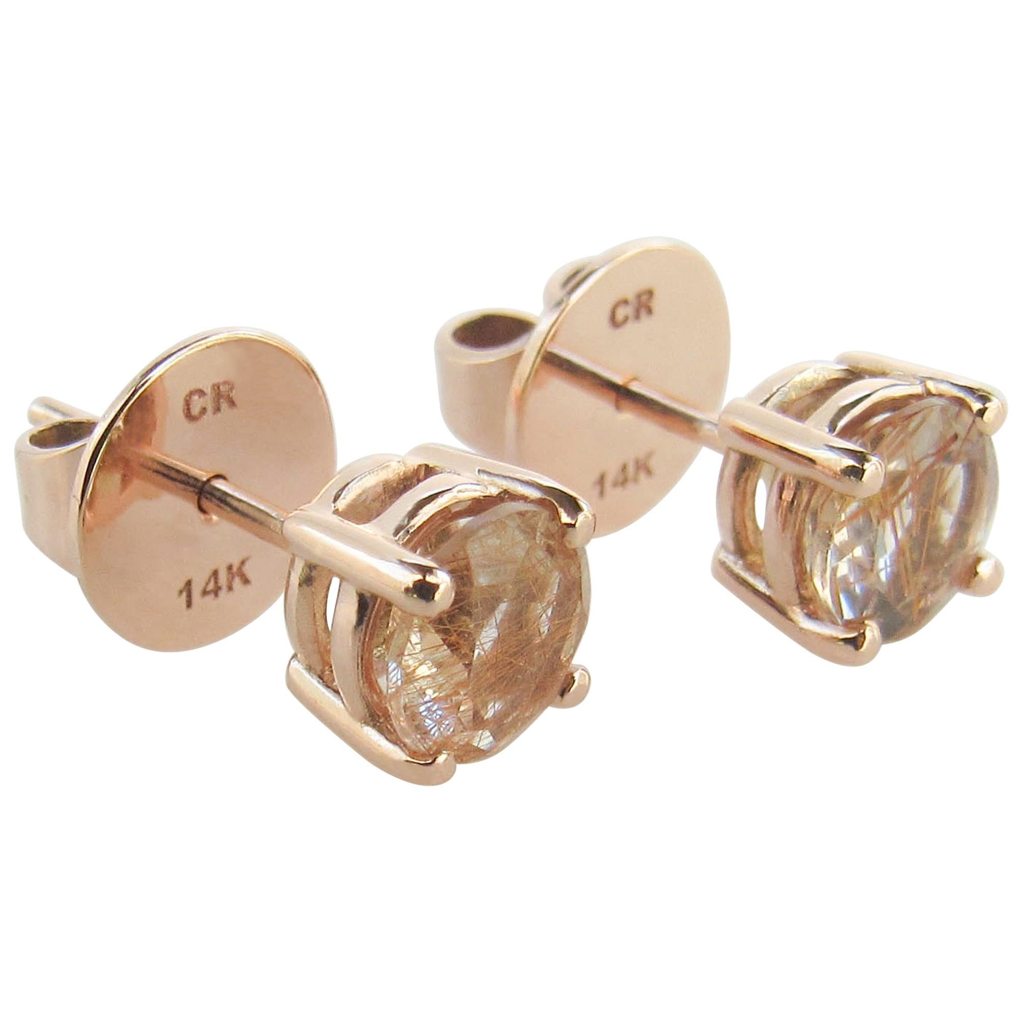 14 Karat Rose Gold Copper Rutilated Quartz Studs For Sale